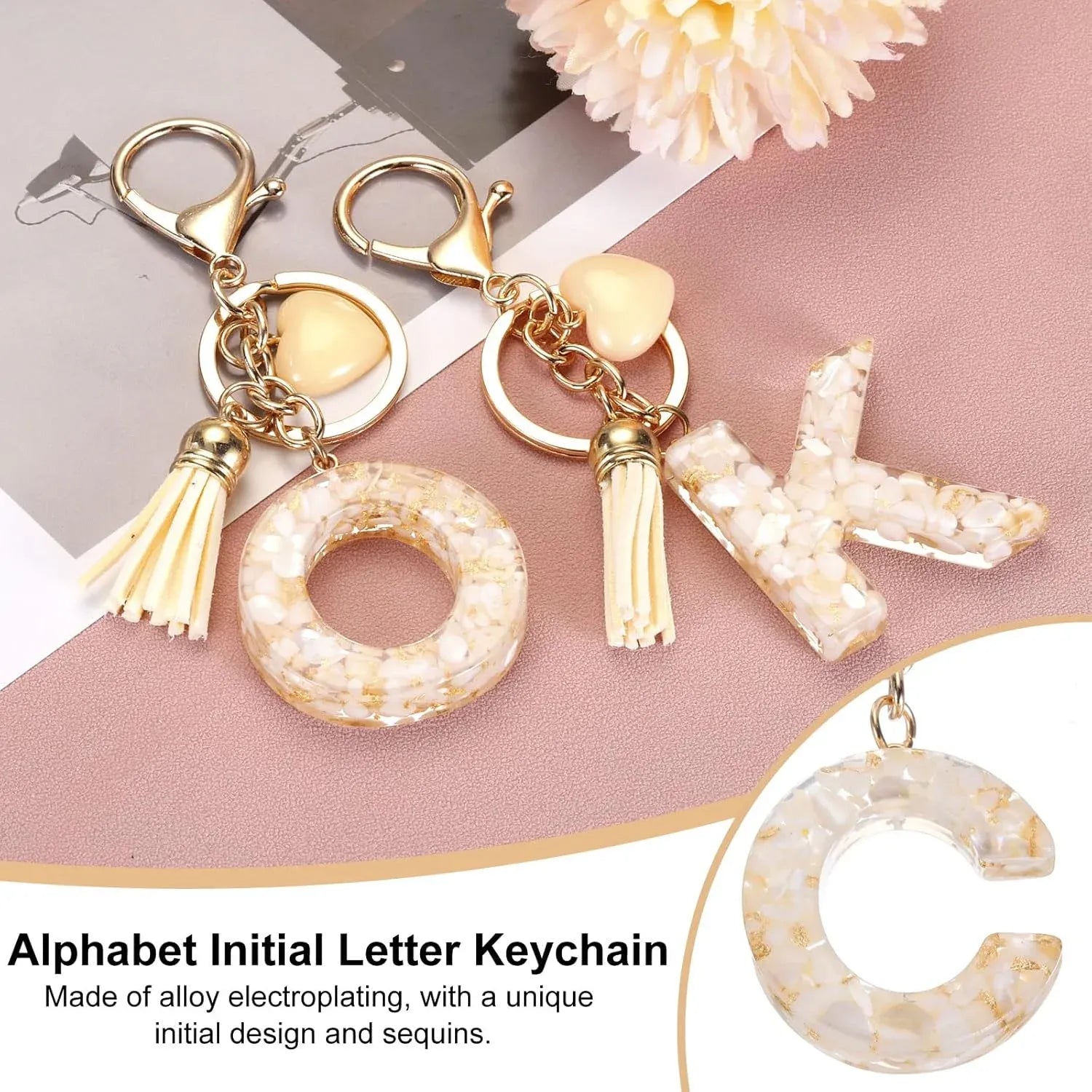 Initial Letter Keychain with Tassel and Lobster Clasp for Bag Purse Keys, Cream Gold C, Letter C Option, Daily Comfort Use