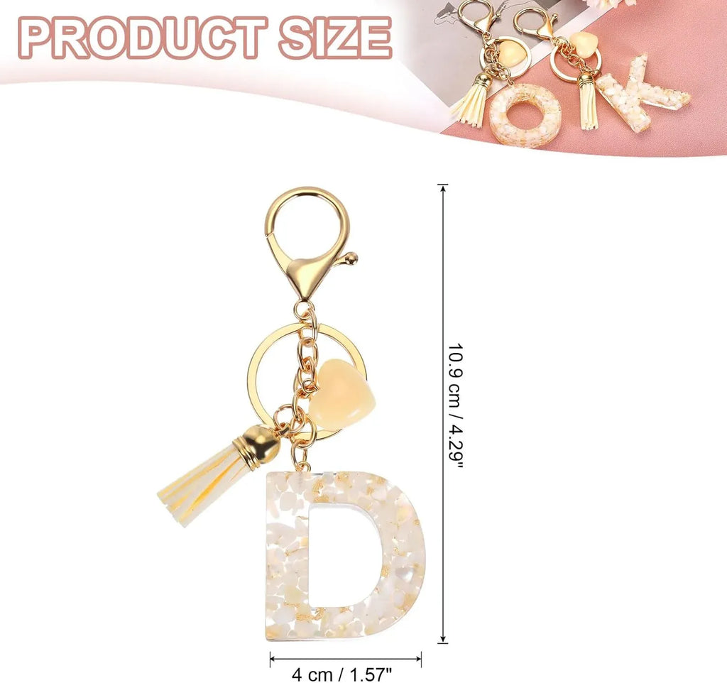 Initial Letter Keychain with Tassel and Lobster Clasp for Keys and Bags, Gold White D, Letter D Option, Daily Comfort Use