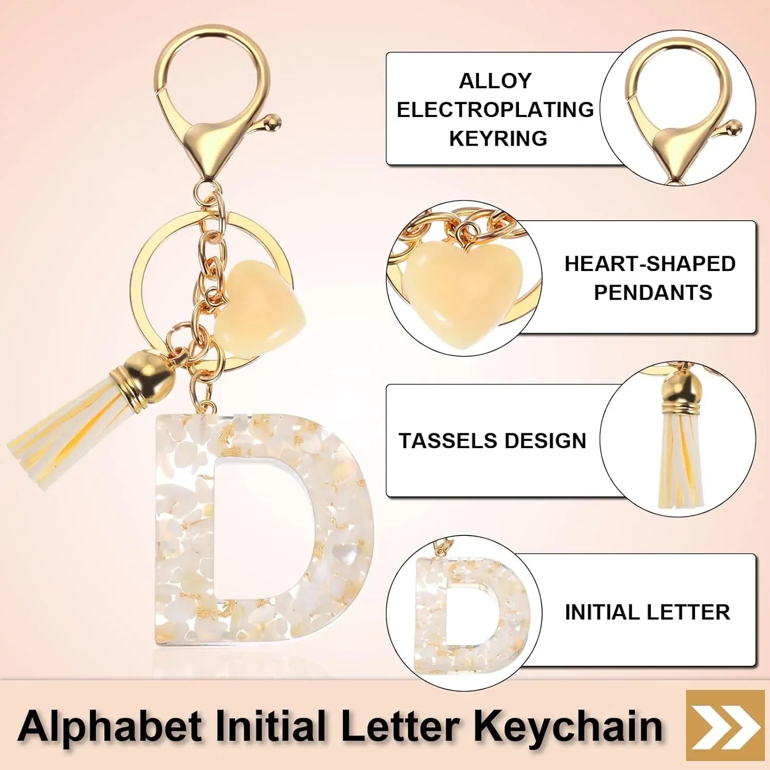 Initial Letter Keychain with Tassel and Lobster Clasp for Keys and Bags, Gold White D, Letter D Option, Daily Comfort Use