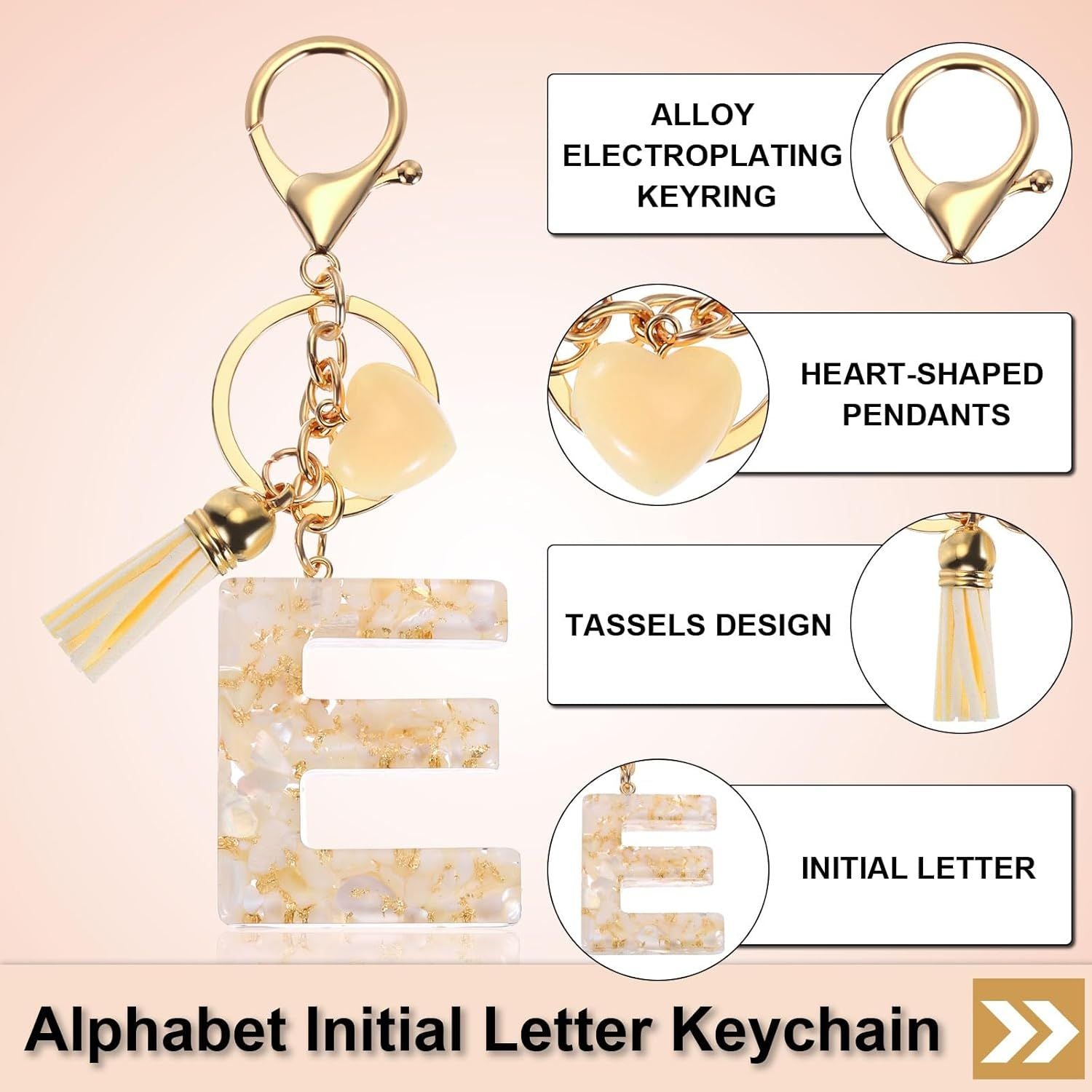 Initial Letter Keychain with Tassel and Lobster Clasp for Bags Keys and Gifts, Cream Gold E, Letter E Option, Daily Comfort Use