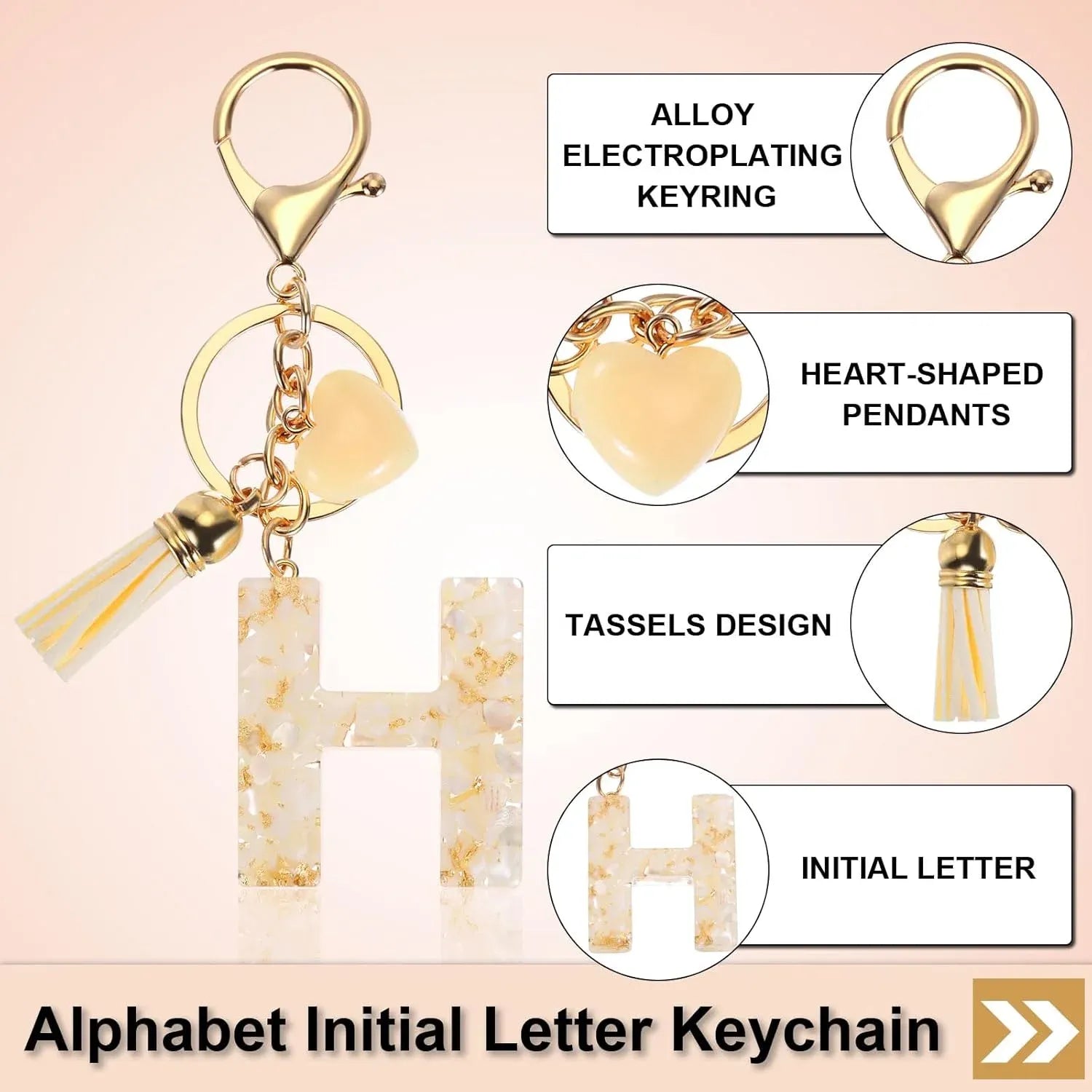 Initial H Letter Keychain with Tassel Charm for Keys Bag Purse Accessories, Cream and Gold, Daily Comfort Use, for Men Women and Everyday Wear