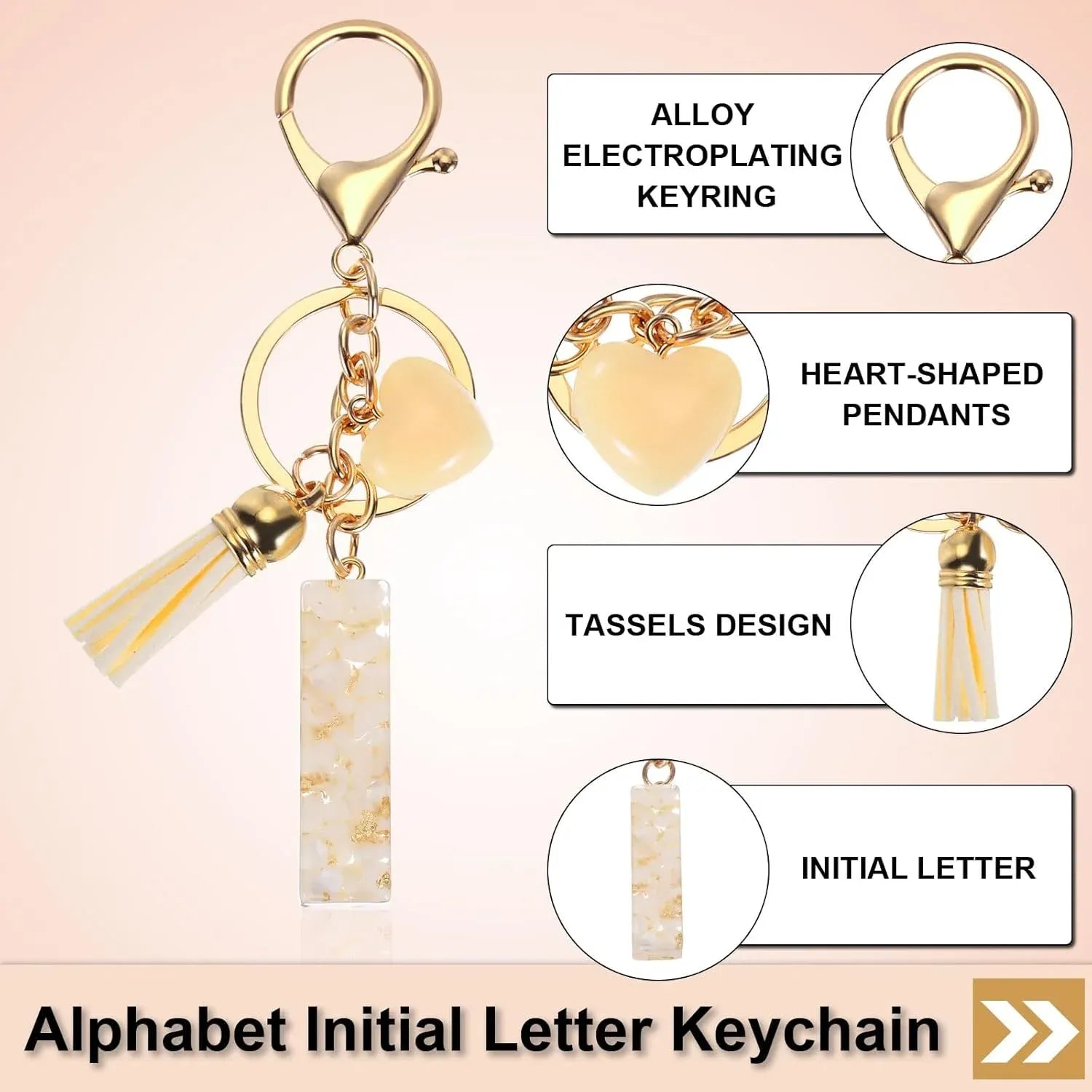 Tassel Keychain with Resin Bar Pendant and Lobster Clasp for Bag Purse Car Keys, Gold White, Letter I Option, Daily Comfort Use