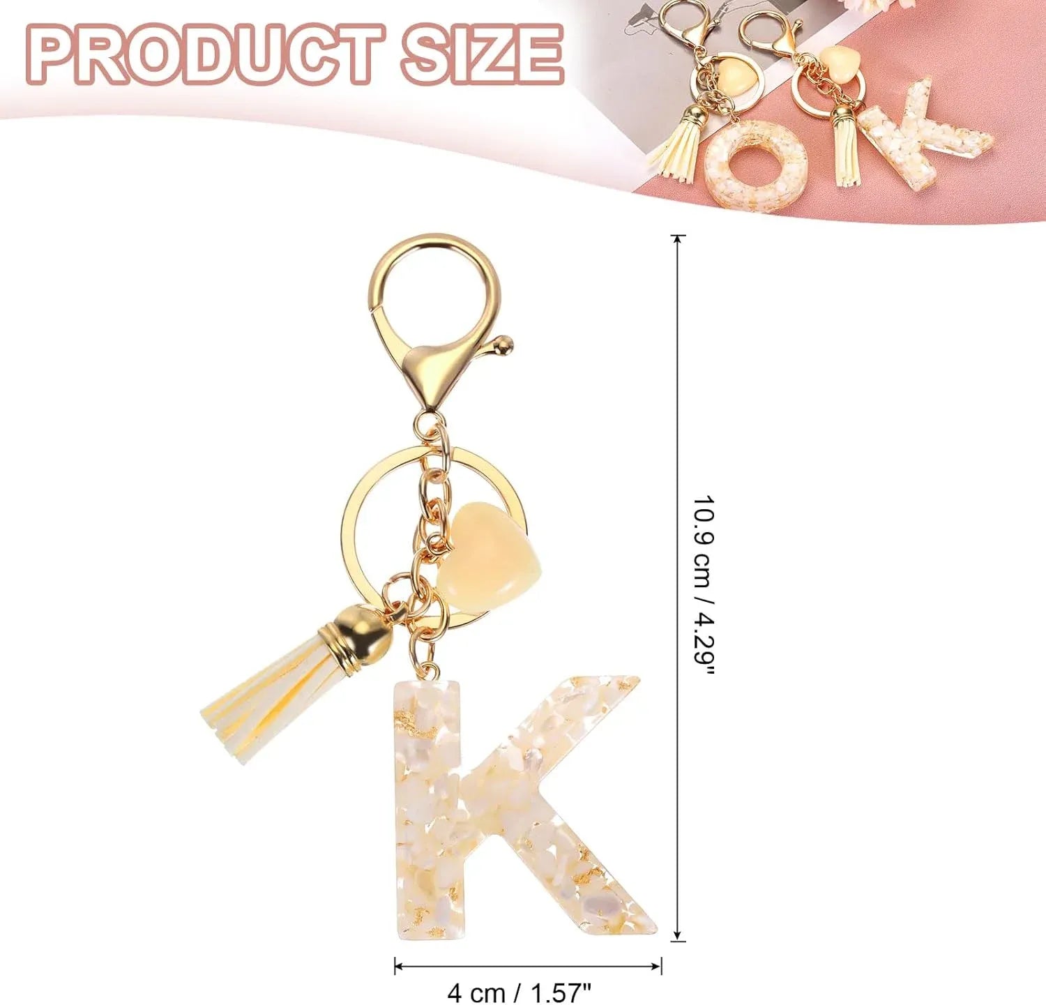 Letter K Keychain Charm with Tassel and Marbled Pendant for Bag Purse Keys, Cream Gold, Daily Comfort Use, for Men Women and Everyday Wear