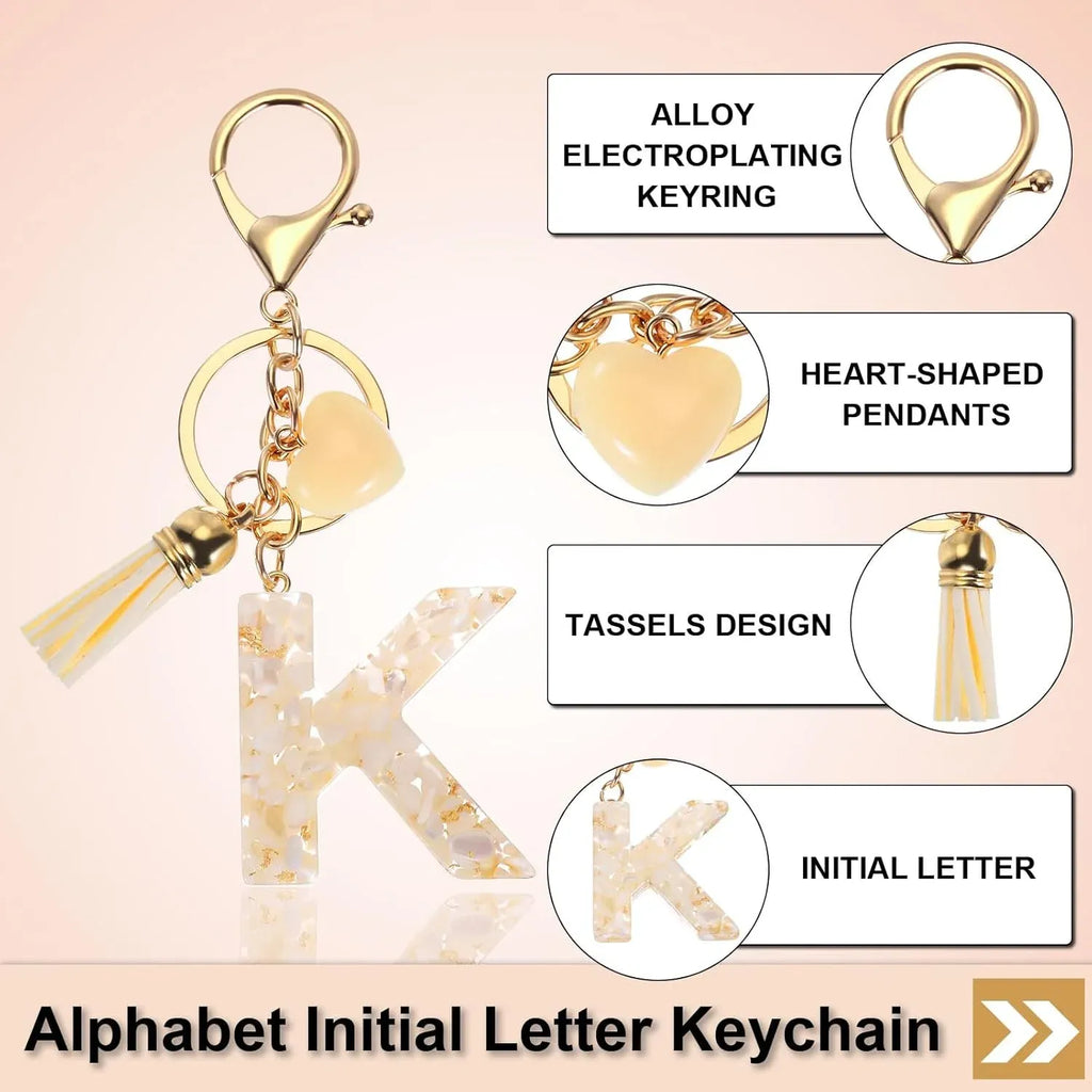Letter K Keychain Charm with Tassel and Marbled Pendant for Bag Purse Keys, Cream Gold, Daily Comfort Use, for Men Women and Everyday Wear
