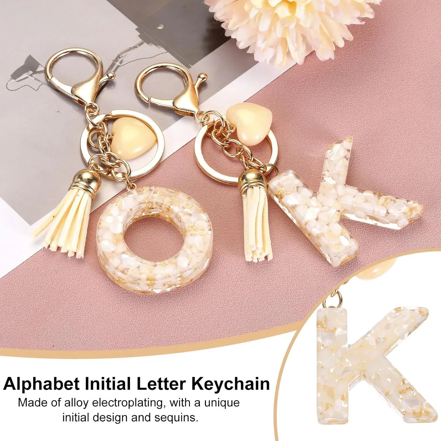 Letter K Keychain Charm with Tassel and Marbled Pendant for Bag Purse Keys, Cream Gold, Daily Comfort Use, for Men Women and Everyday Wear