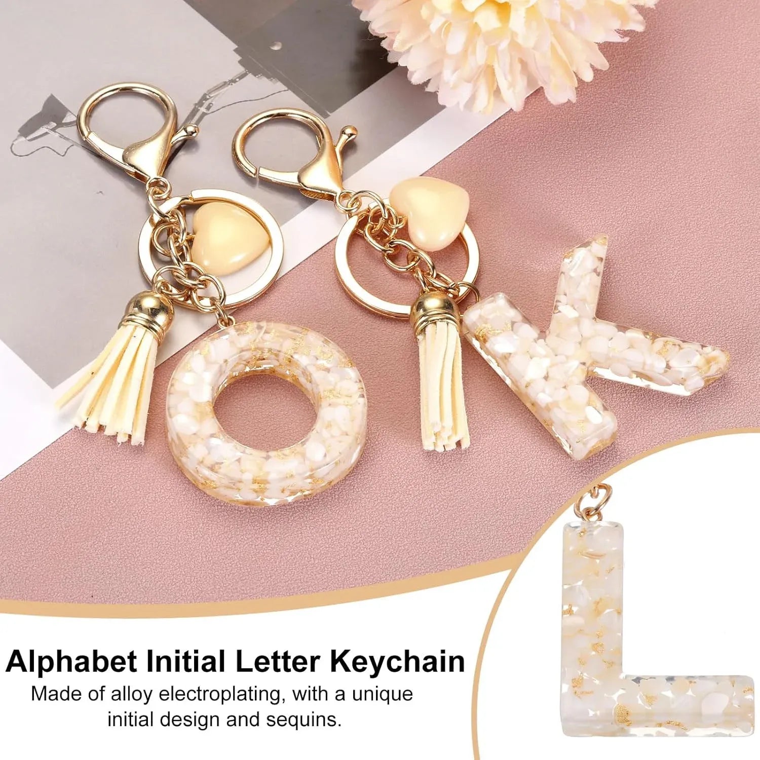 Initial Letter Keychain Charm with Tassel and Lobster Clasp for Bags and Keys, Cream Gold L Pendant, Daily Comfort Use
