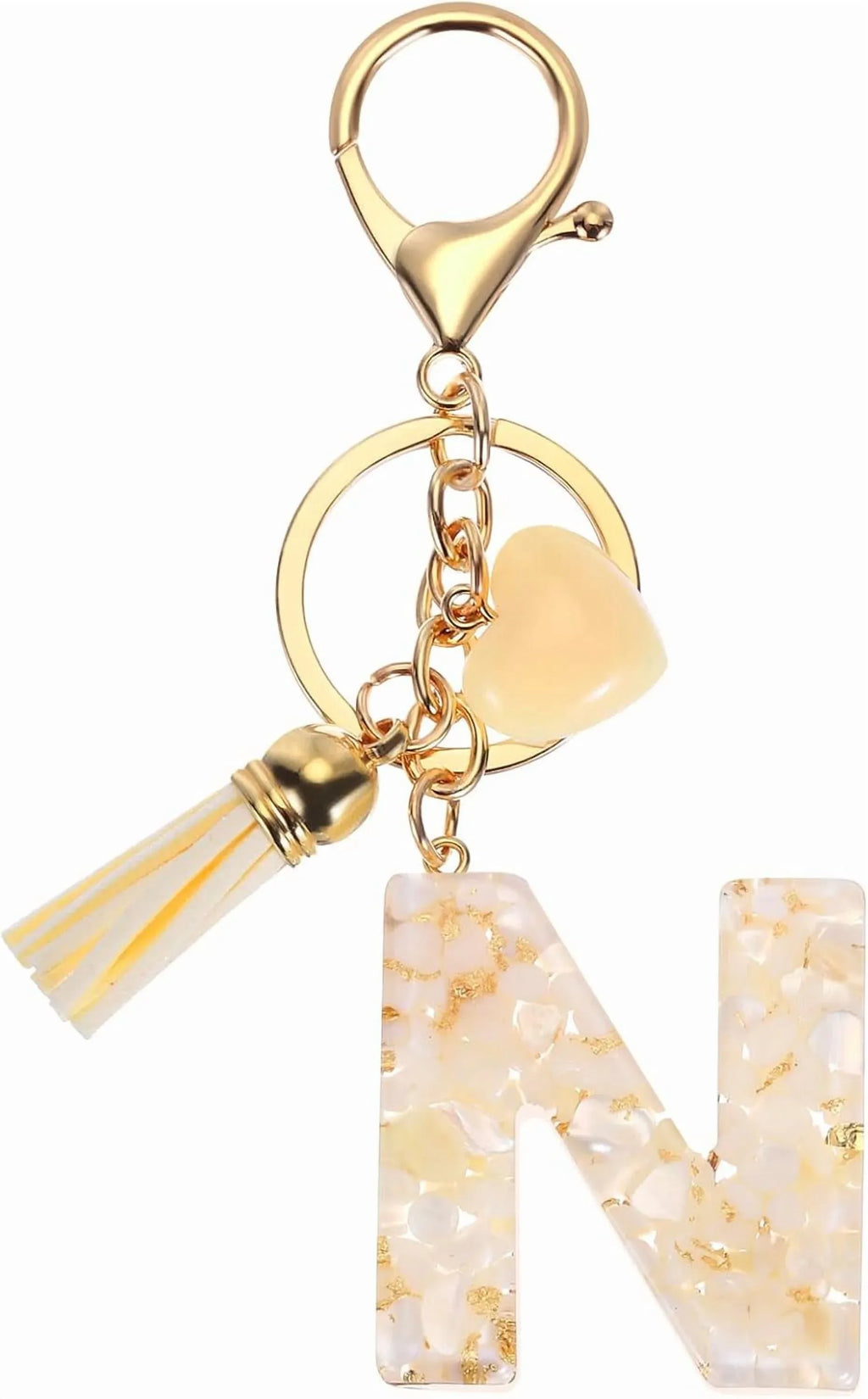 Initial Letter Resin Keychain with Tassel and Lobster Clasp for Bag Purse Backpack Accessories, N Gold Tone, Daily Comfort Use