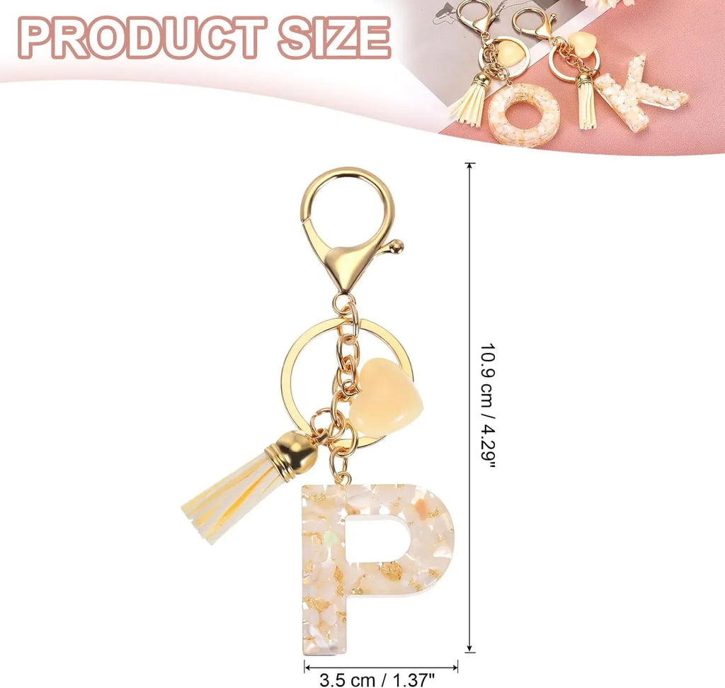 Initial P Letter Keychain, Resin Alphabet Key Ring with Tassel and Lobster Clasp for Bags Keys Purse, Gold White