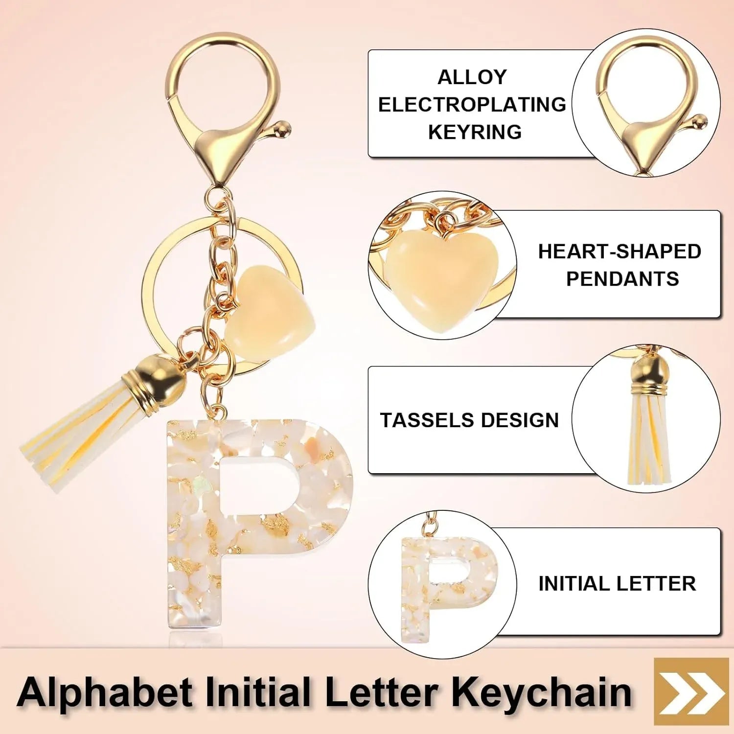 Initial P Letter Keychain, Resin Alphabet Key Ring with Tassel and Lobster Clasp for Bags Keys Purse, Gold White
