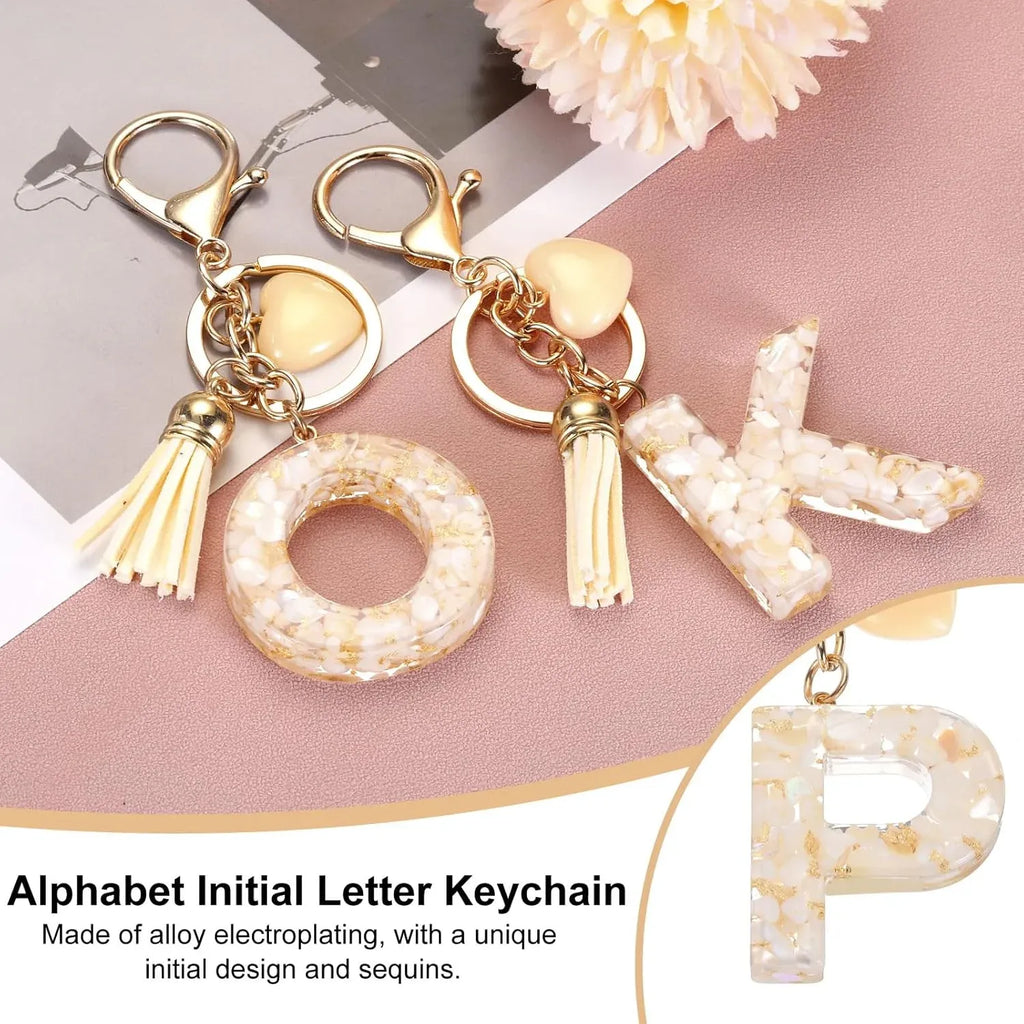 Initial P Letter Keychain, Resin Alphabet Key Ring with Tassel and Lobster Clasp for Bags Keys Purse, Gold White