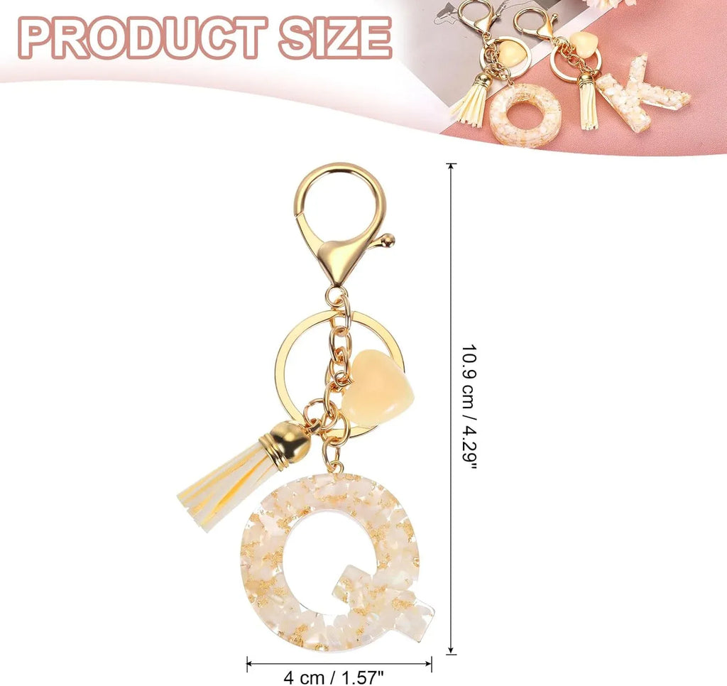 Letter Q Keychain with Tassel and Lobster Clasp, Marble Pattern Initial Bag Charm for Women, Cream Gold, Daily Comfort Use