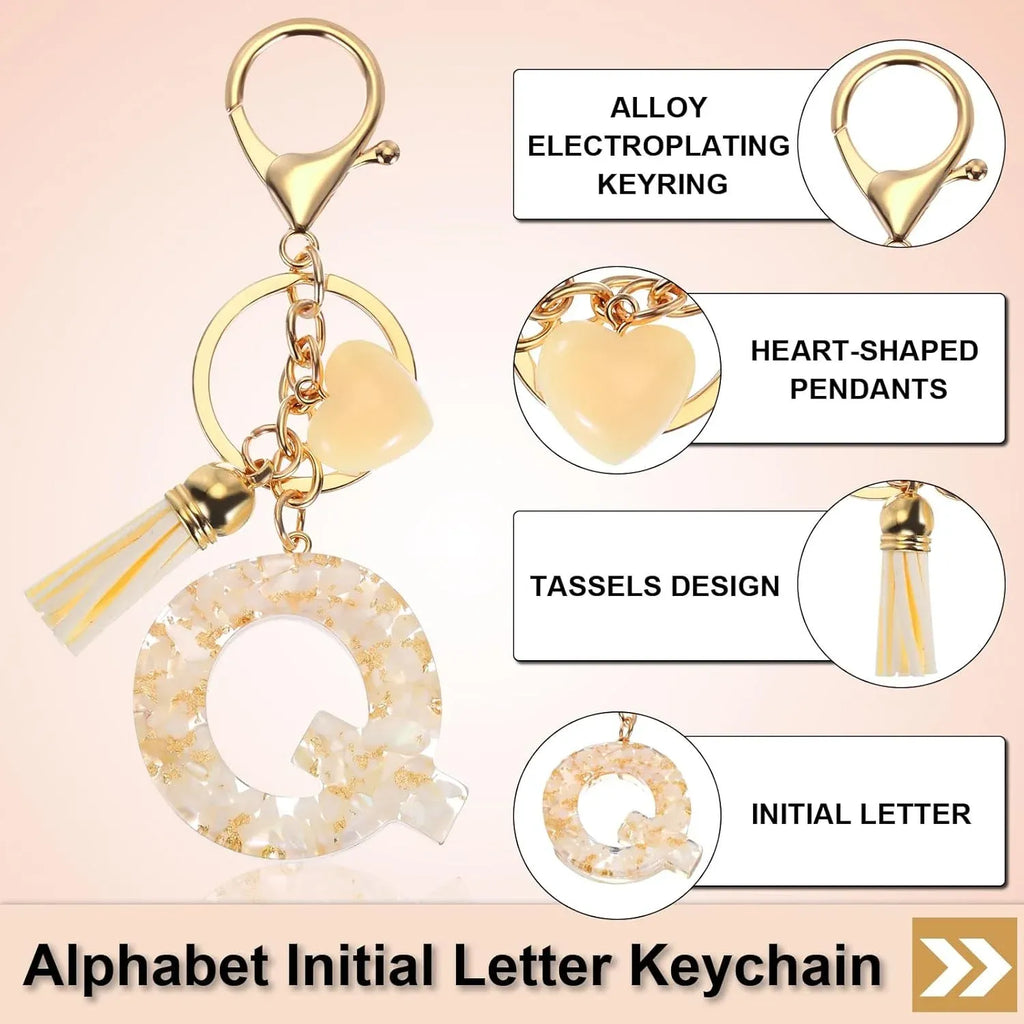 Letter Q Keychain with Tassel and Lobster Clasp, Marble Pattern Initial Bag Charm for Women, Cream Gold, Daily Comfort Use