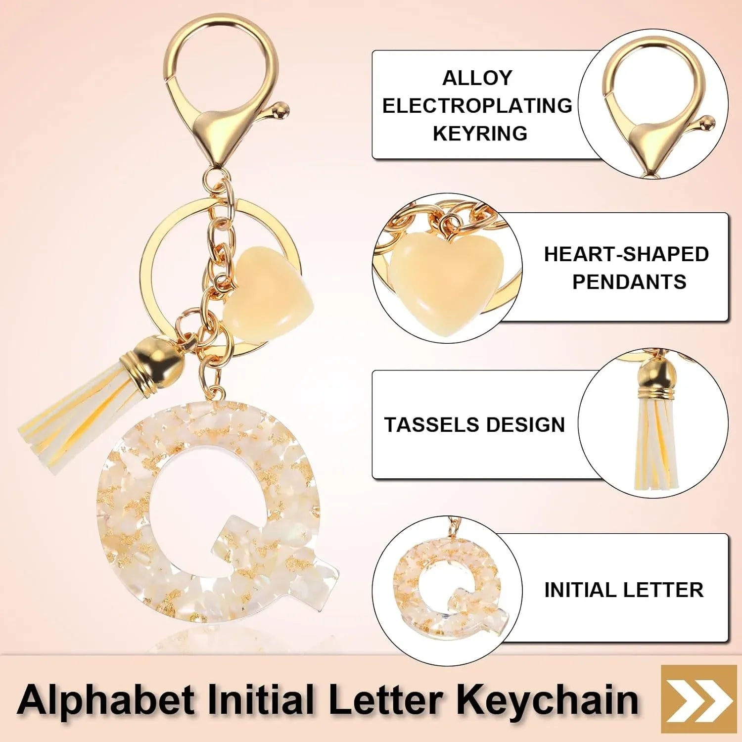 Letter Q Keychain with Tassel and Lobster Clasp, Marble Pattern Initial Bag Charm for Women, Cream Gold, Daily Comfort Use