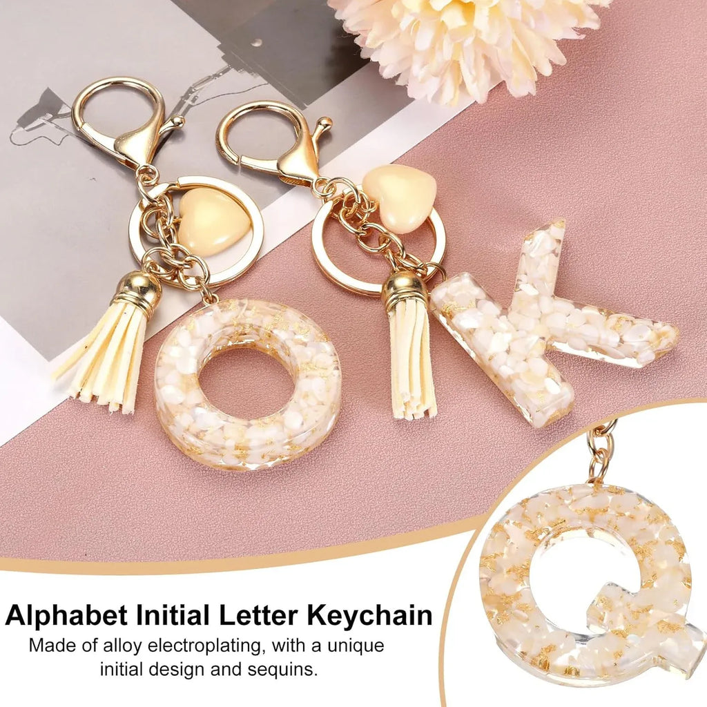 Letter Q Keychain with Tassel and Lobster Clasp, Marble Pattern Initial Bag Charm for Women, Cream Gold, Daily Comfort Use