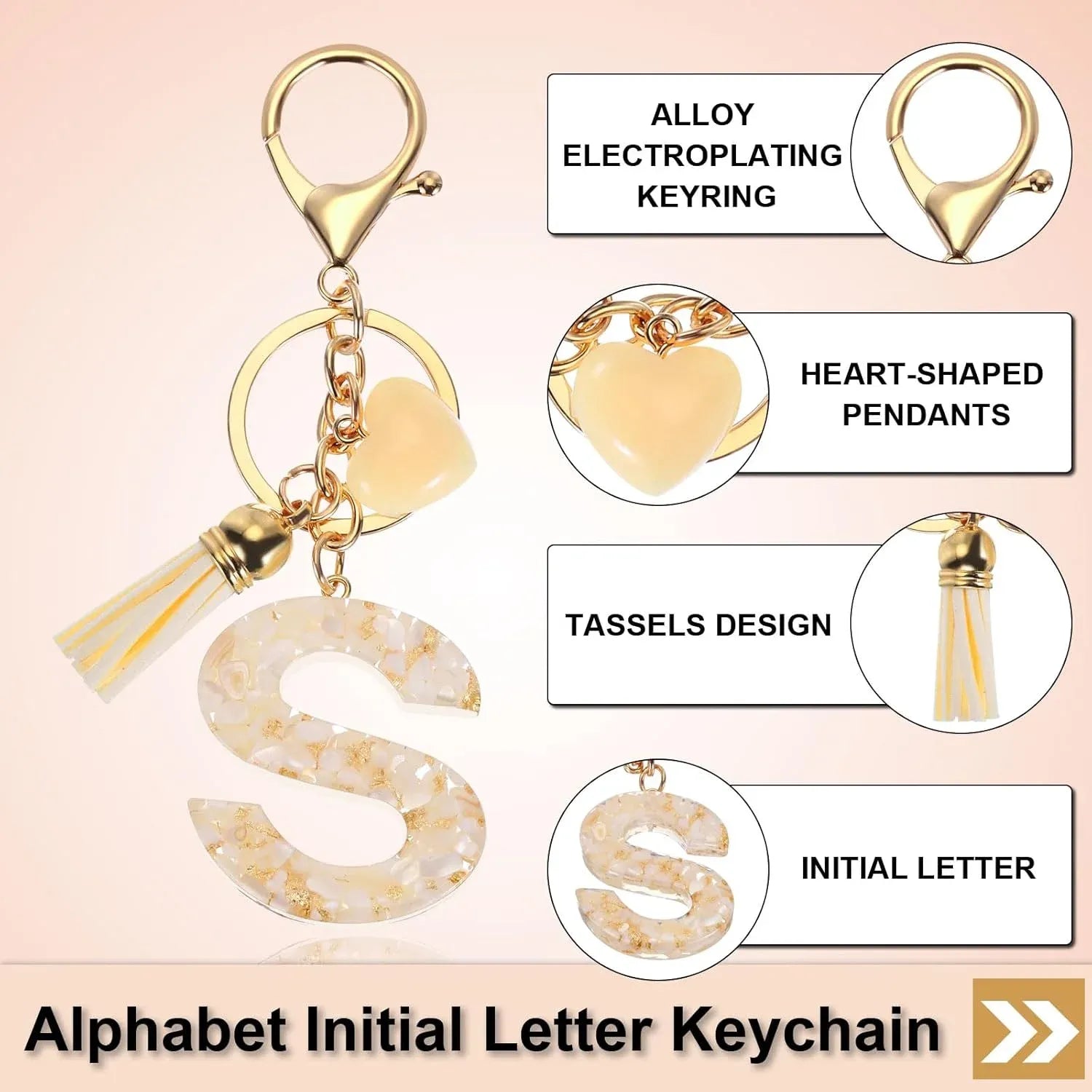 Initial Letter Keychain Charm, Resin Tassel Bag Pendant for Keys Handbag Backpack, Cream Gold S, Letter S Option