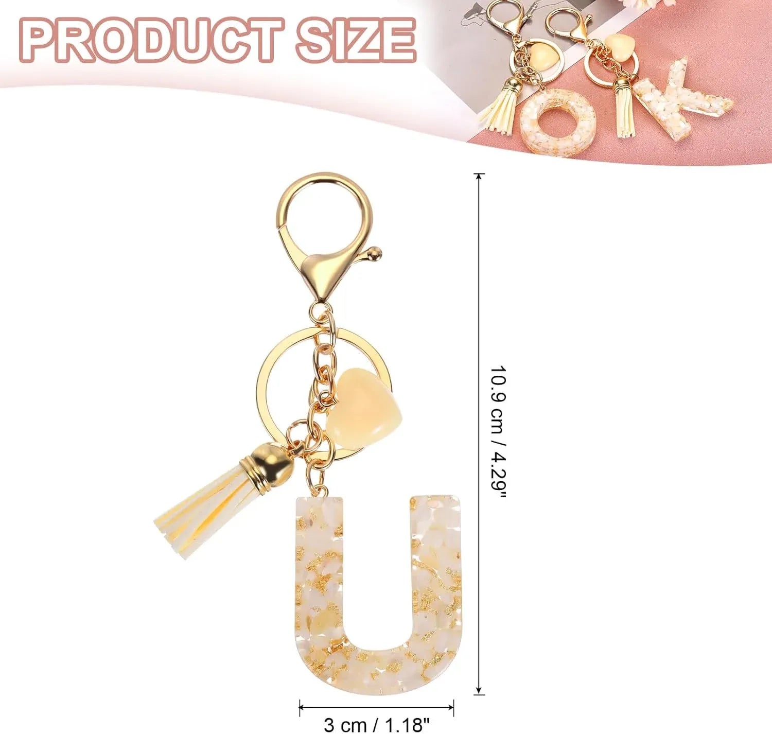 Letter U Keychain with Tassel and Lobster Clasp for Bag Purse Keys, Cream Gold, Daily Comfort Use, for Men Women and Everyday Wear