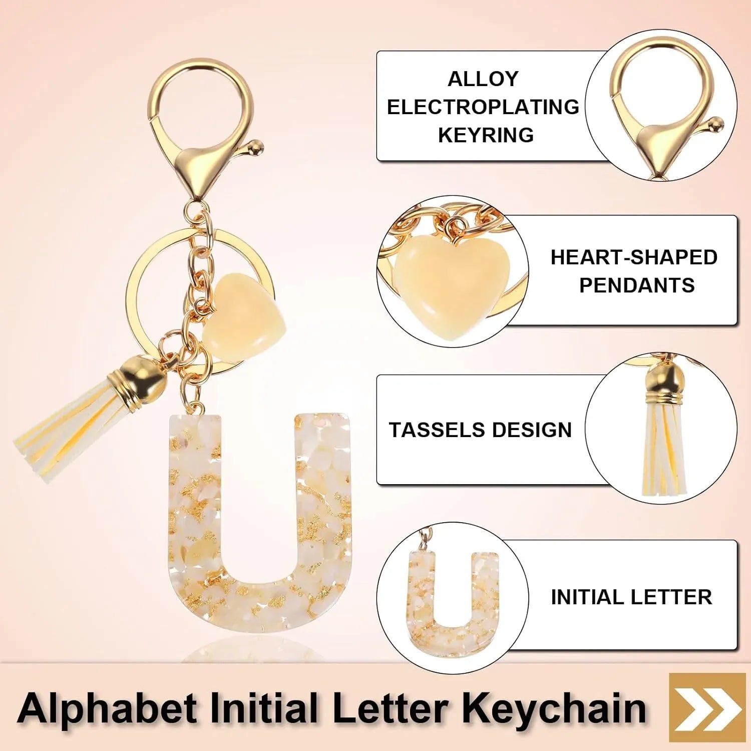 Letter U Keychain with Tassel and Lobster Clasp for Bag Purse Keys, Cream Gold, Daily Comfort Use, for Men Women and Everyday Wear