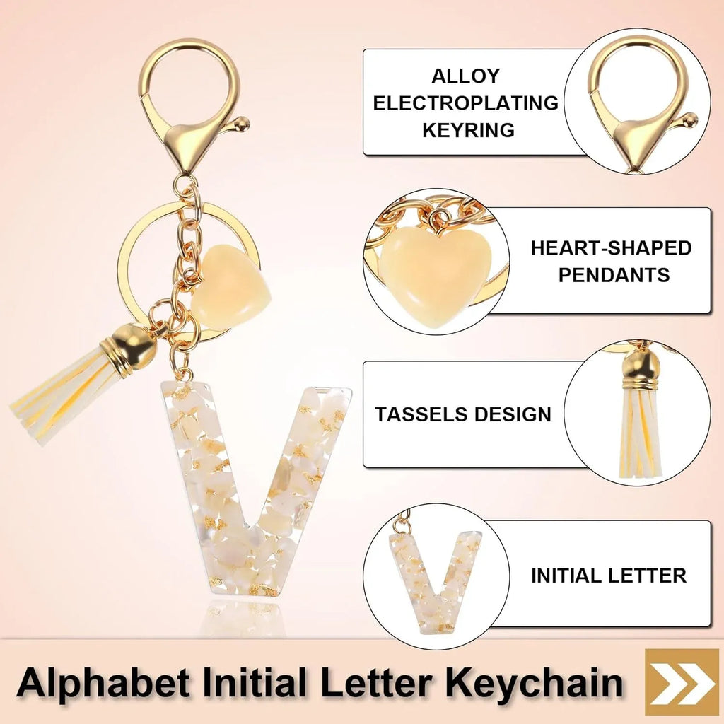 Floral Resin Letter V Keychain with Tassel and Lobster Clasp for Bag Purse Keys, Gold Tone Beige, Daily Comfort Use