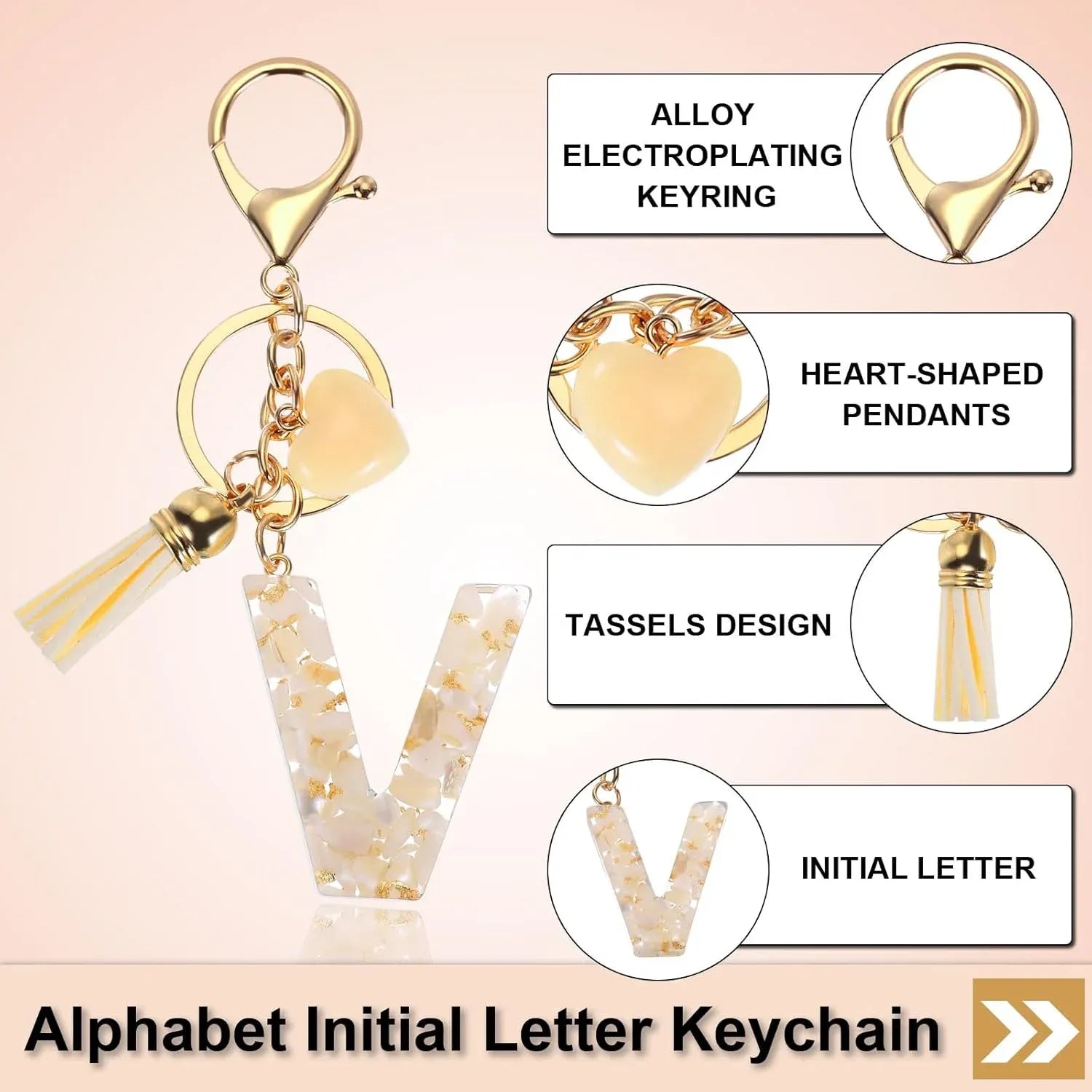 Floral Resin Letter V Keychain with Tassel and Lobster Clasp for Bag Purse Keys, Gold Tone Beige, Daily Comfort Use
