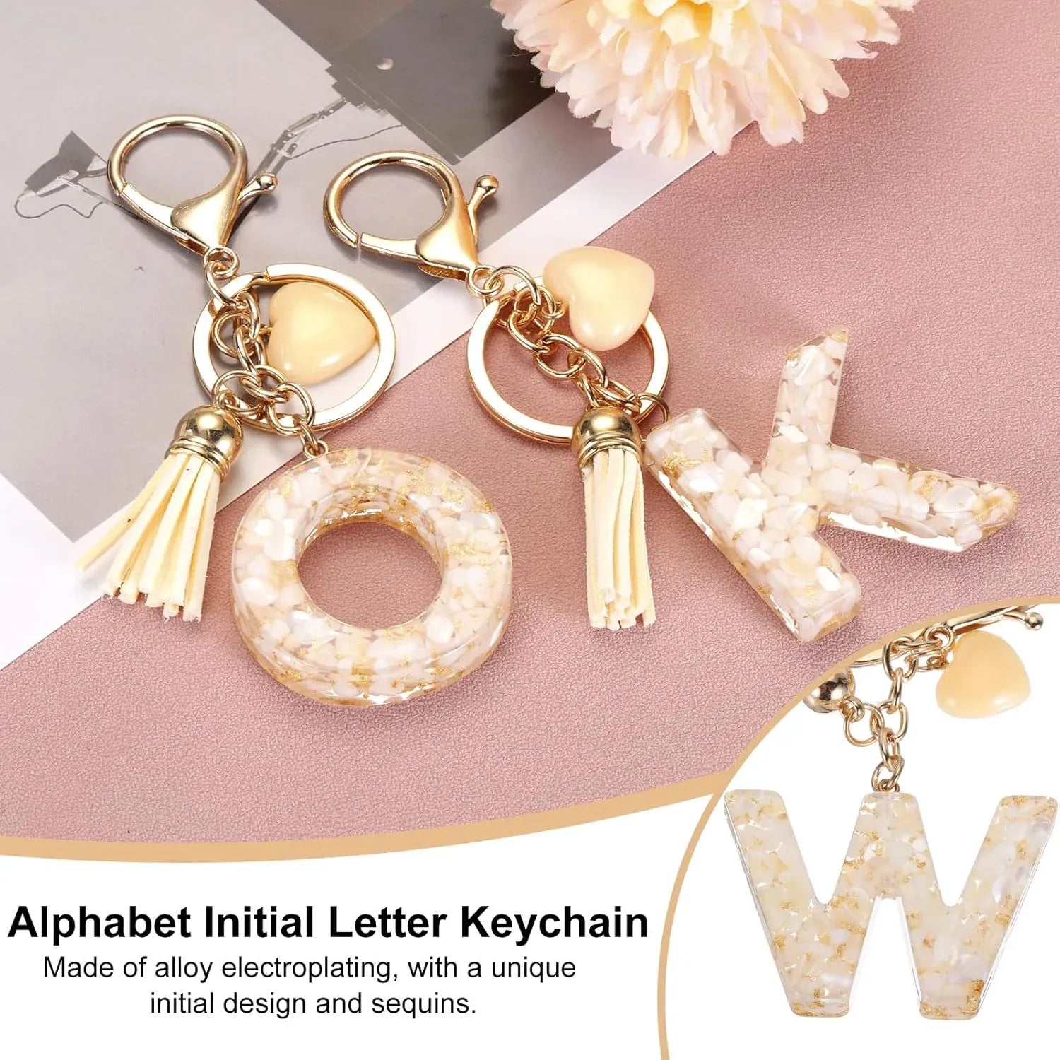 Letter W Initial Keychain with Tassel and Bead Charm for Women Girls Handbag Keys Accessory Gold Tone, Daily Comfort Use