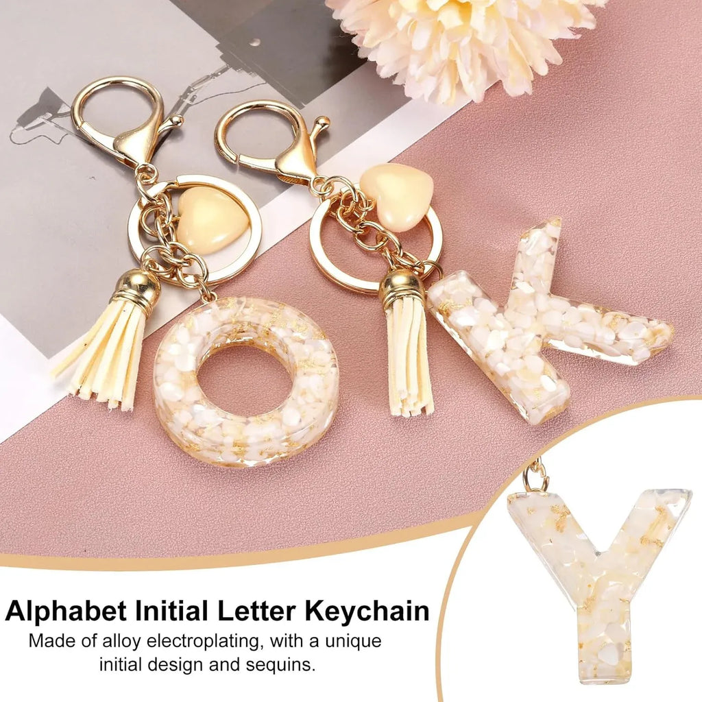 Initial Letter Keychain with Tassel and Lobster Clasp for Bags Keys and Gifts, Y, Cream and Gold, Letter Y Option