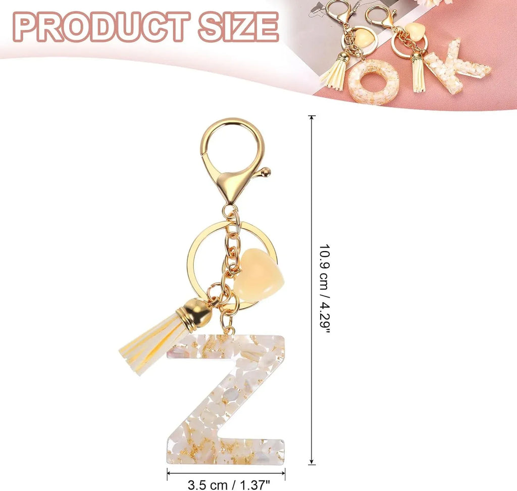Letter Keychain Charm with Tassel and Lobster Clasp for Bag Purse Keys, Gold White Z, Letter Z Option, Daily Comfort Use