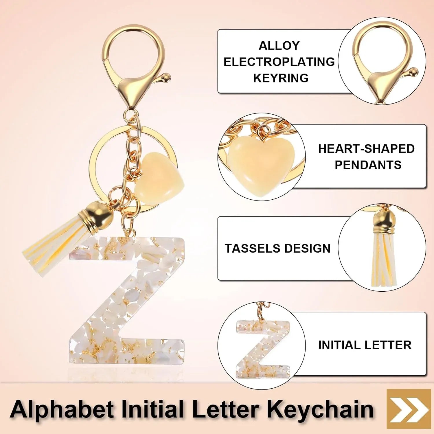 Letter Keychain Charm with Tassel and Lobster Clasp for Bag Purse Keys, Gold White Z, Letter Z Option, Daily Comfort Use