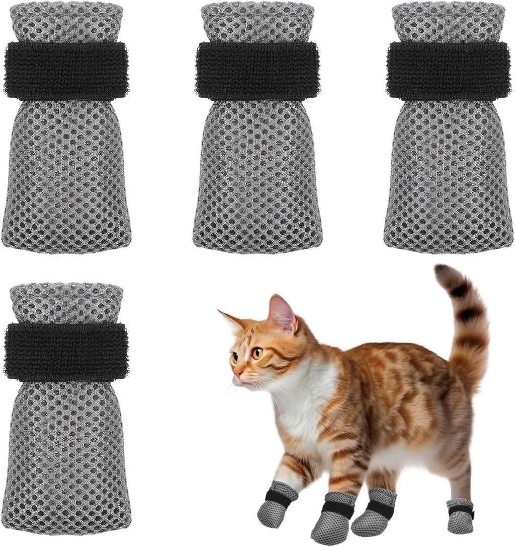 4 Pcs Cat Anti Scratch Mittens Adjustable Breathable Mesh Claw Covers for Bathing and Nail Trimming Gray, L Size