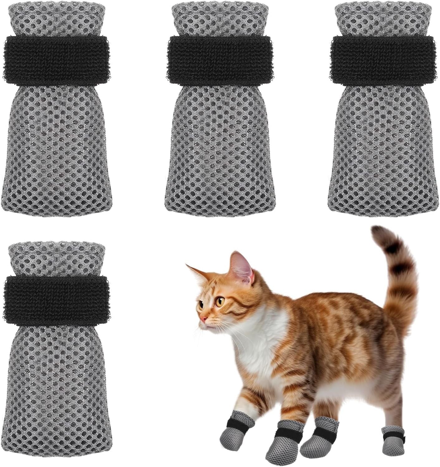 4 Pcs Cat Anti Scratch Mittens Adjustable Breathable Mesh Claw Covers for Bathing and Nail Trimming Gray, L Size