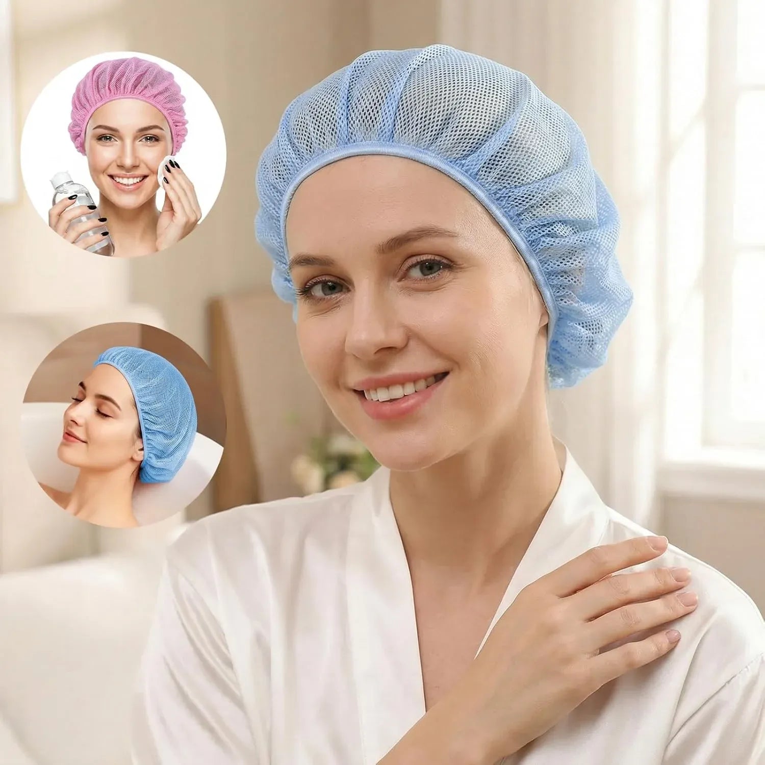 4 Pack Mesh Sleep Bonnets for Women, Elastic Hair Nets for Sleeping and Hair Drying, Colorful, Pink/Blue, Daily Comfort Use