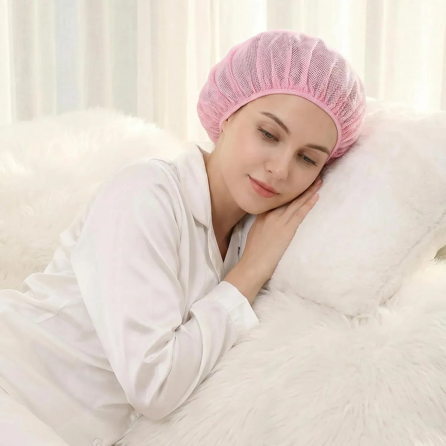4 Pack Mesh Sleep Bonnets for Women, Elastic Hair Nets for Sleeping and Hair Drying, Colorful, Pink/Blue, Daily Comfort Use