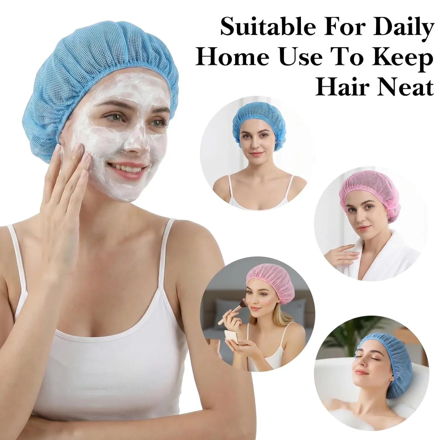 4 Pack Mesh Sleep Bonnets for Women, Elastic Hair Nets for Sleeping and Hair Drying, Colorful, Pink/Blue, Daily Comfort Use