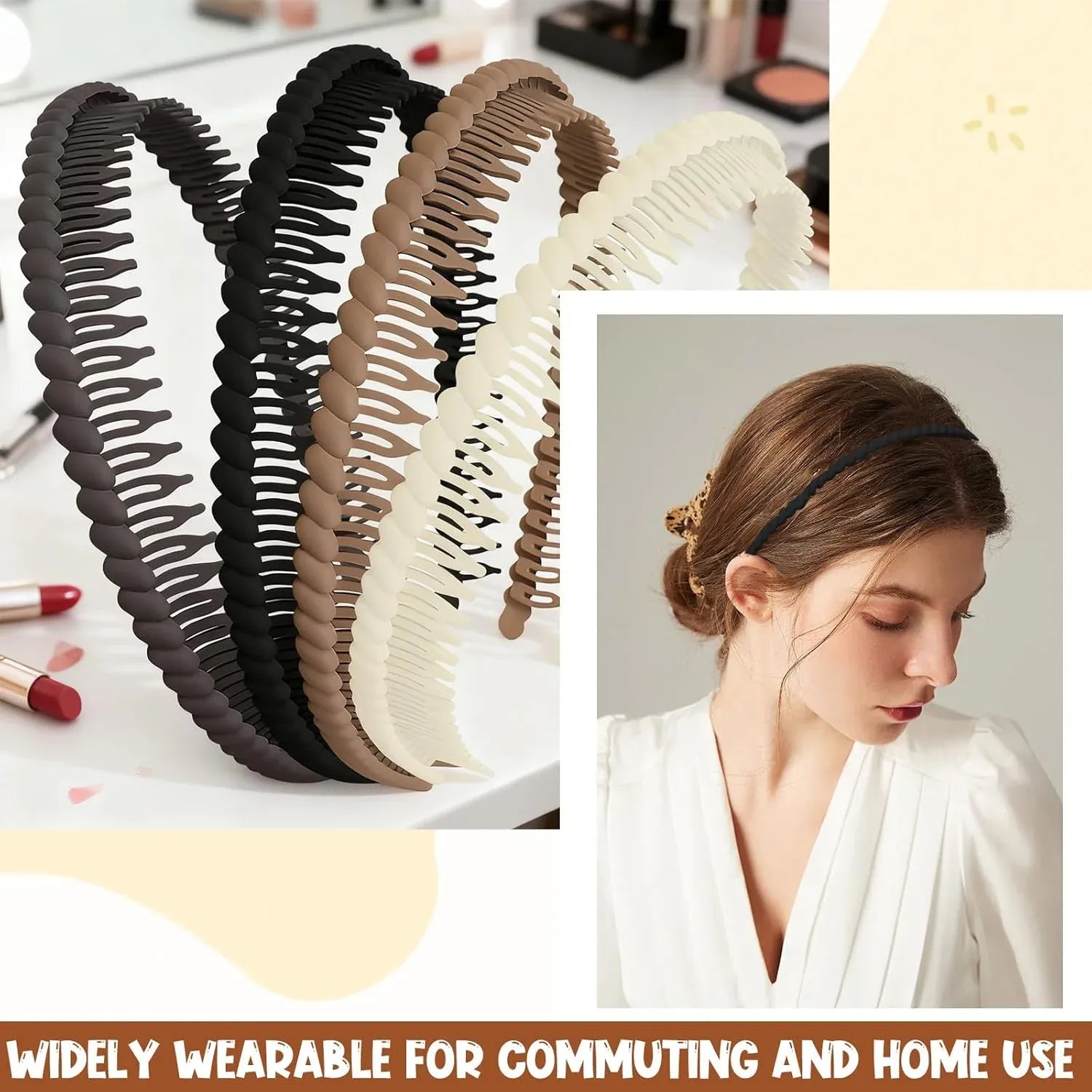 4 Pcs Plastic Headbands with Teeth, Non Slip Comfortable Hair Bands for Women, Home and Commuting, Neutral Colors