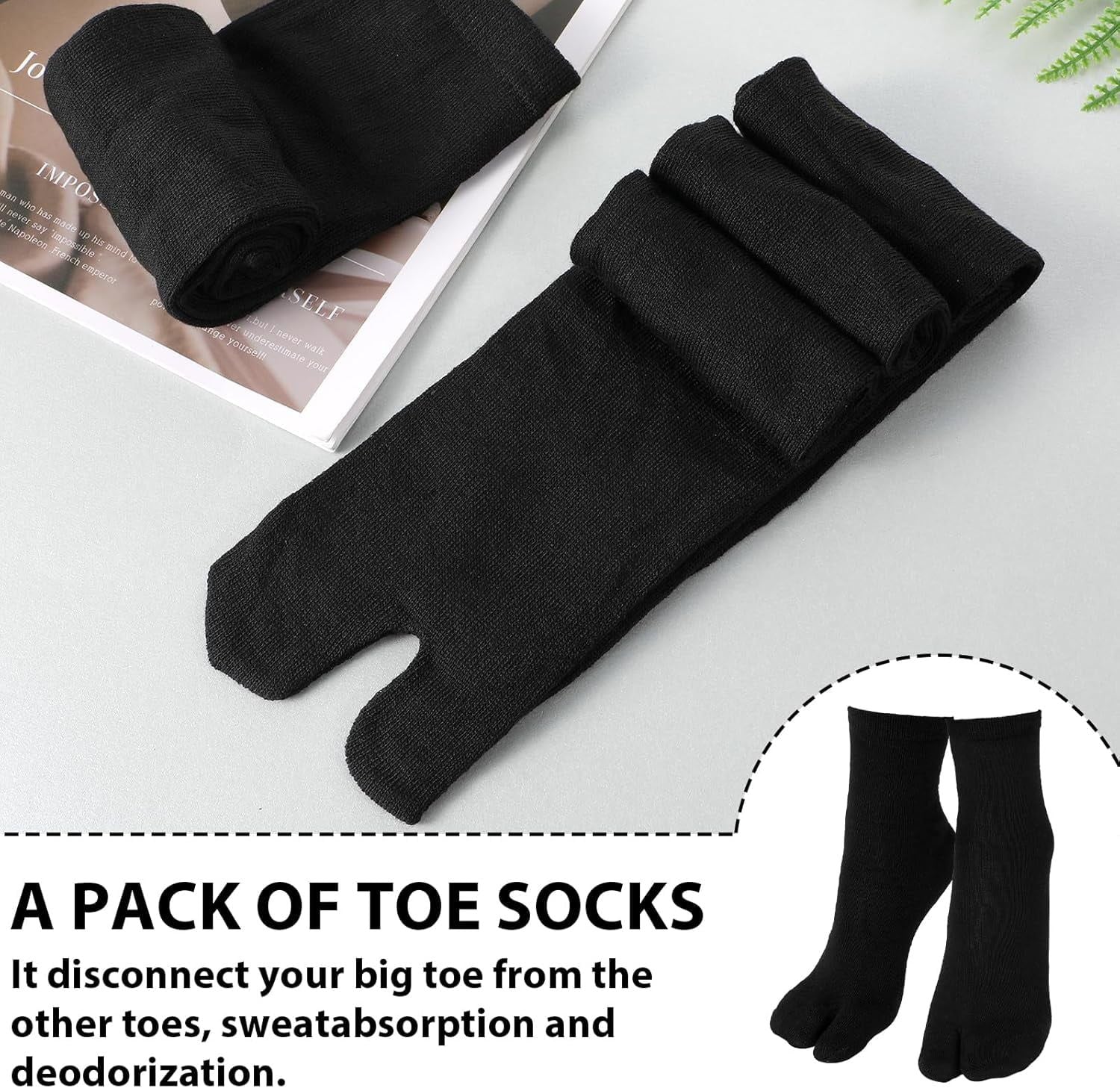 Tabi Split Toe Socks 6 Pairs Elastic Cotton Wicking Sandal Socks for Women and Men Black, Daily Comfort Use, for Men Women and Everyday Wear