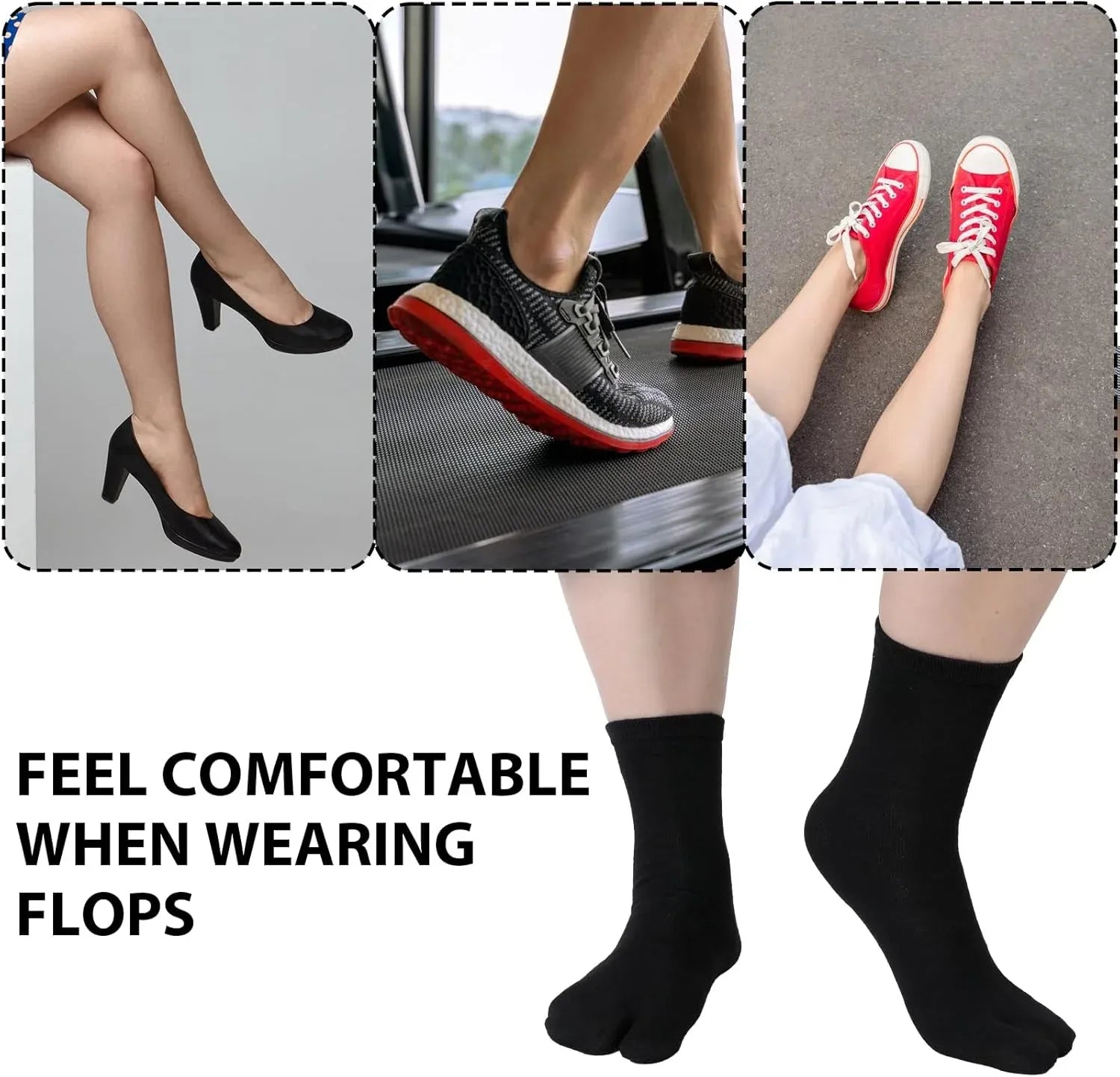 Tabi Split Toe Socks 6 Pairs Elastic Cotton Wicking Sandal Socks for Women and Men Black, Daily Comfort Use, for Men Women and Everyday Wear