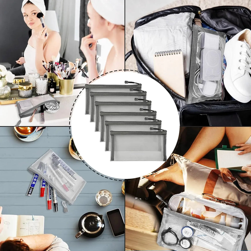 6 Pcs Nylon Mesh Zipper Makeup Bags Cosmetic Pouches for Travel and Home Organization, Small Gray, Daily Comfort Use