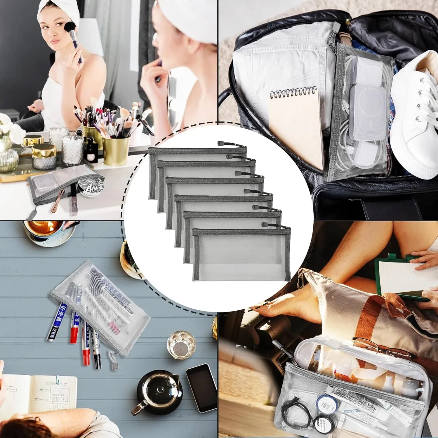6 Pcs Nylon Mesh Zipper Makeup Bags Cosmetic Pouches for Travel and Home Organization, Small Gray, Daily Comfort Use