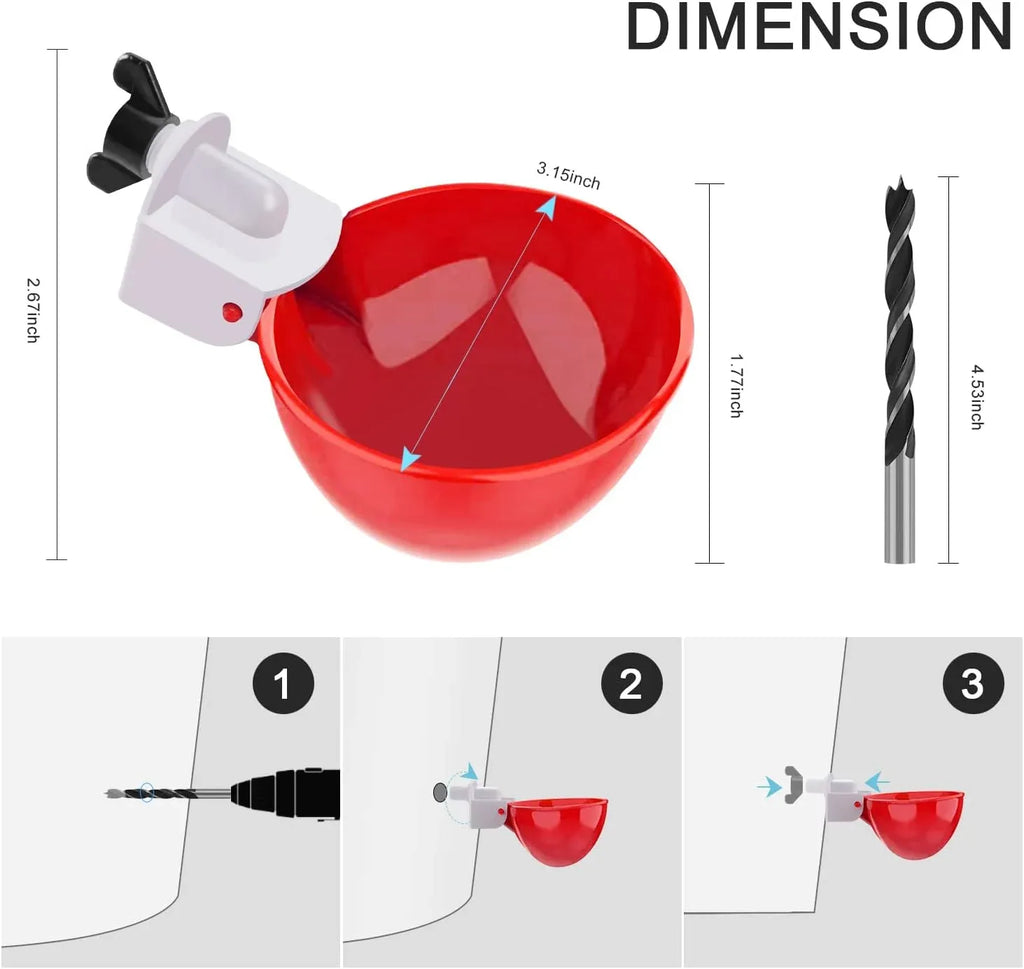 8 Pack Chicken Waterer Cups Automatic Leakproof Poultry Drinking System with Tee Fitting and Mounting Tool for Chickens Red