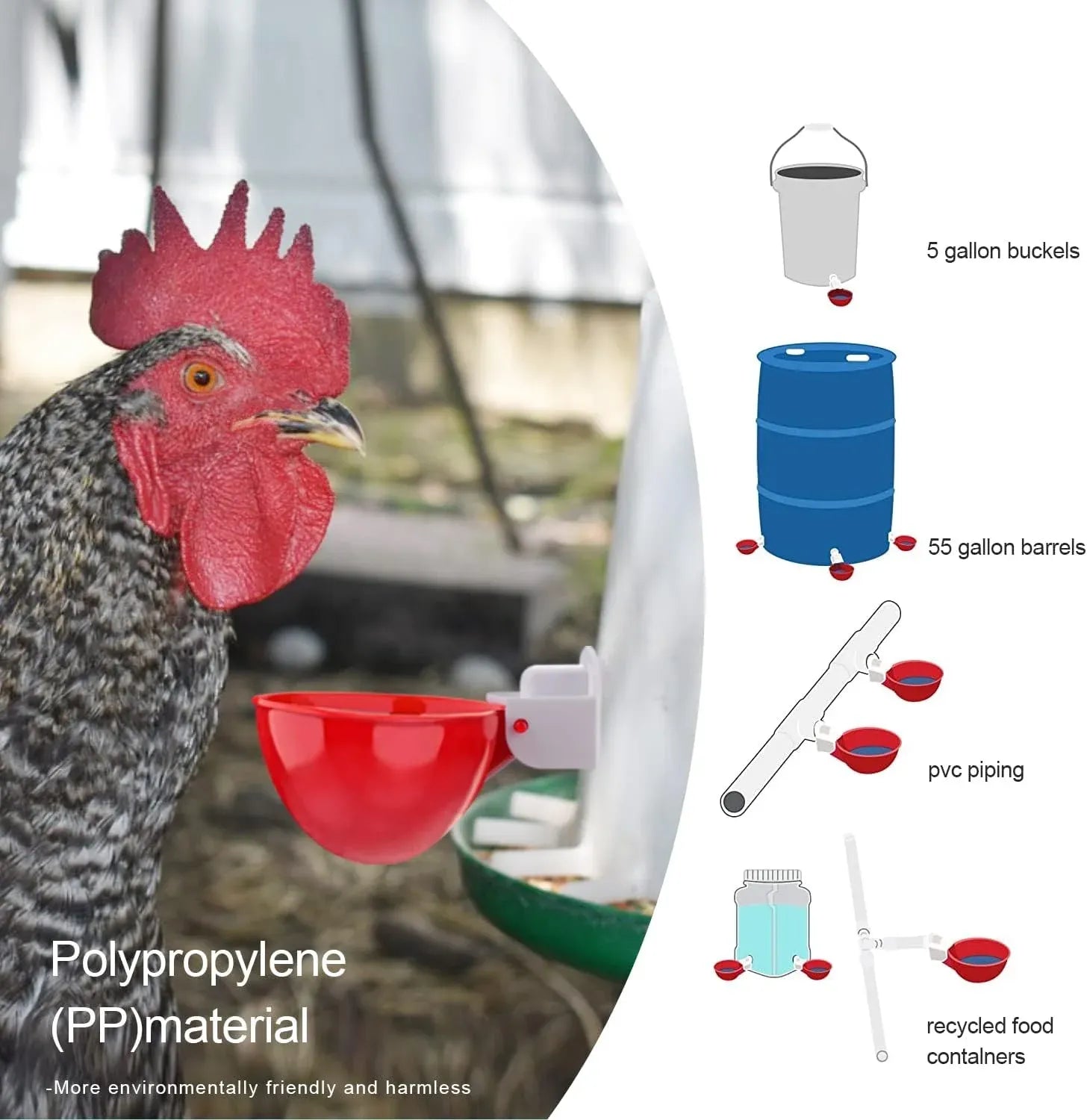 8 Pack Chicken Waterer Cups Automatic Leakproof Poultry Drinking System with Tee Fitting and Mounting Tool for Chickens Red
