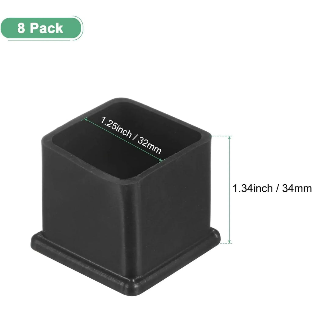 8 Pack Square Chair Leg Caps, PVC Non Slip Floor Protectors for Chairs Tables and Beds, 1.25 Inch 32mm, Black, Durable Plastic Construction