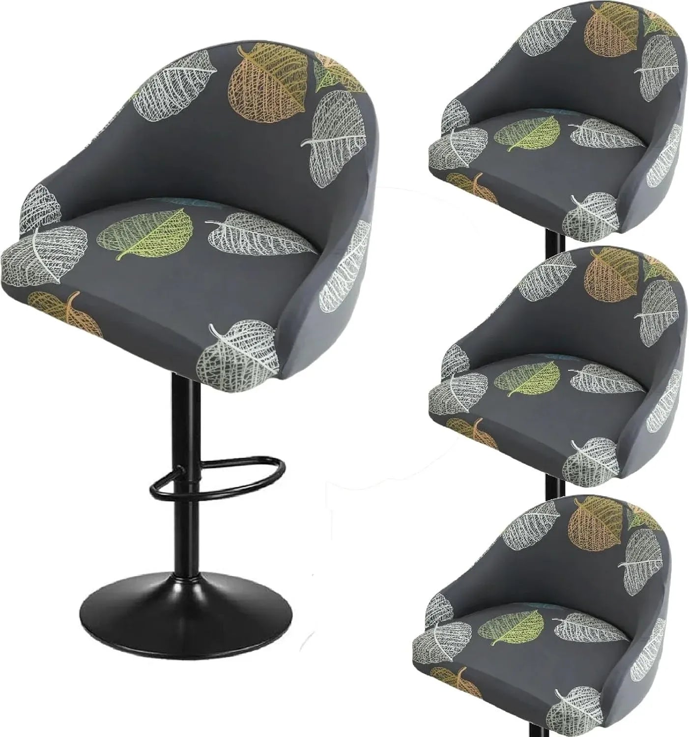 4 Pack Bar Stool Slipcovers Stretch Swivel Chair Covers with Back for Armchair Kitchen Island Gray Leaf Pattern