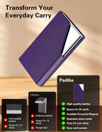 Business Card Holder, Leather and Metal Slim RFID Blocking Card Case with Magnetic Closure for Men and Women, Purple