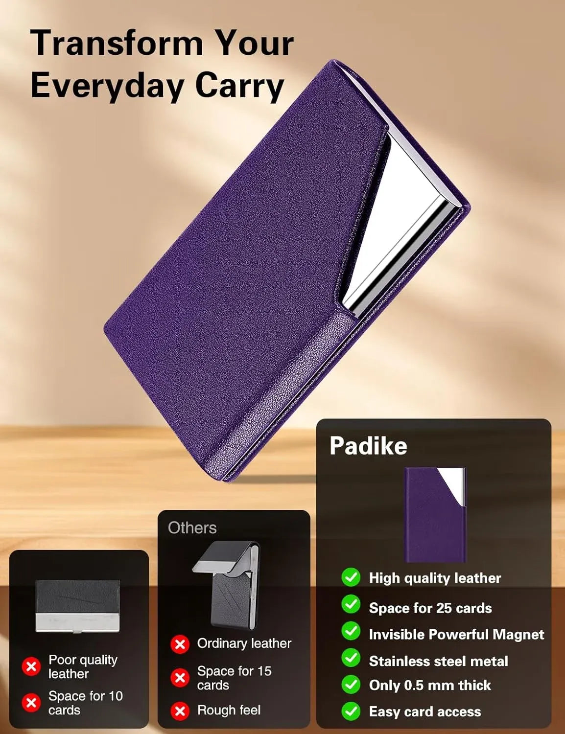 Business Card Holder, Leather and Metal Slim RFID Blocking Card Case with Magnetic Closure for Men and Women, Purple