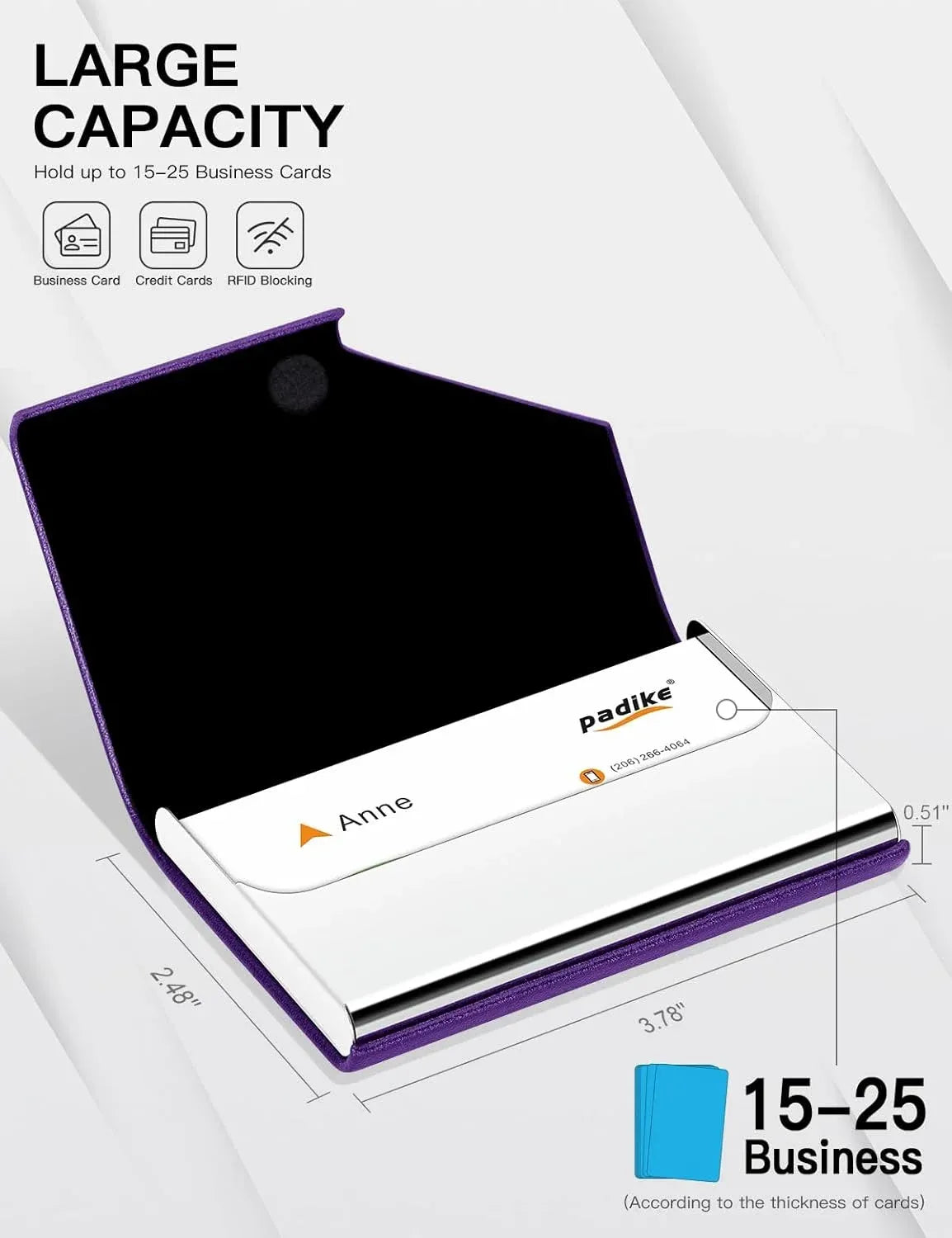 Business Card Holder, Leather and Metal Slim RFID Blocking Card Case with Magnetic Closure for Men and Women, Purple
