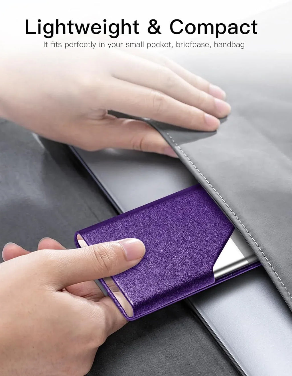 Business Card Holder, Leather and Metal Slim RFID Blocking Card Case with Magnetic Closure for Men and Women, Purple