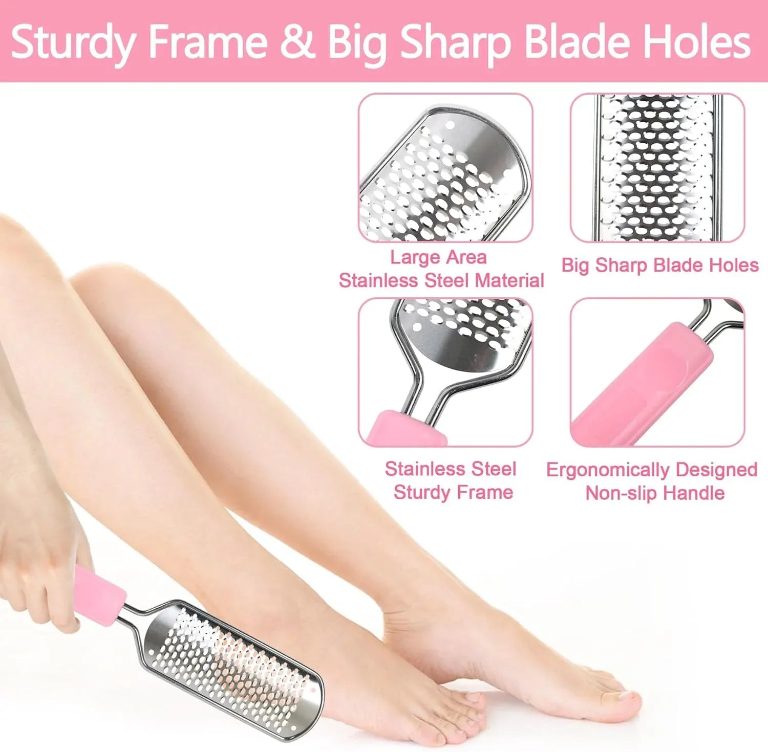 Foot File Callus Remover, Stainless Steel Pedicure Scrubber for Hard Cracked Dead Skin, Wet and Dry Foot Care, Pink