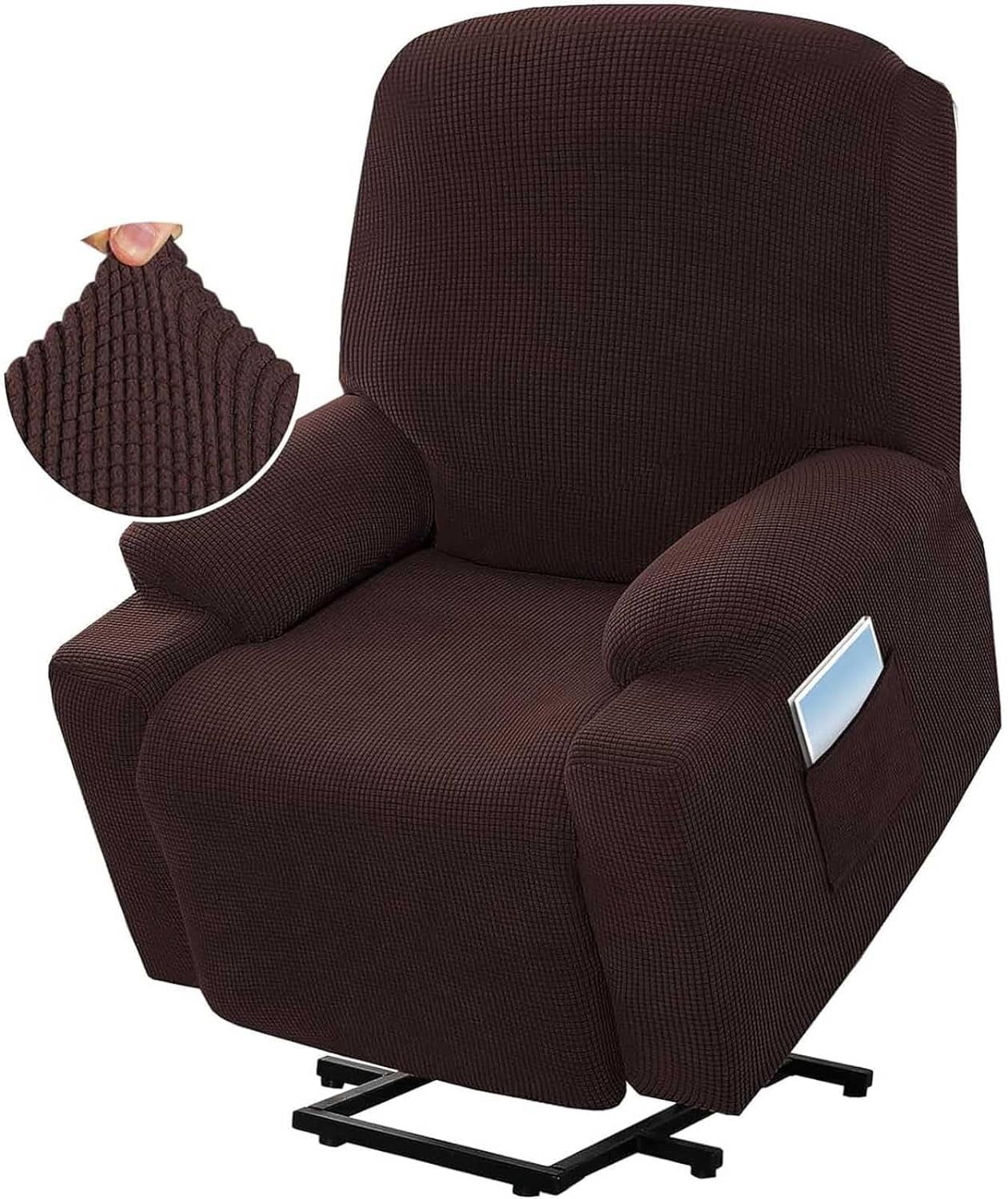 Recliner Slipcover High Stretch Soft Jacquard Fabric with Side Pocket for Standard Power Lift Recliner Chair Brown, Letter A Option