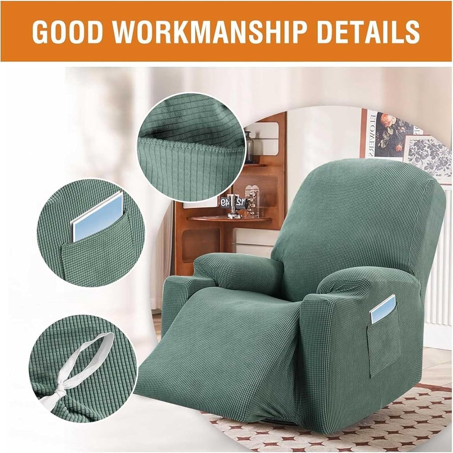 Power Lift Recliner Slipcover High Stretch Soft Jacquard Fabric with Side Pocket for Standard Recliner Chair Green, Letter C Option