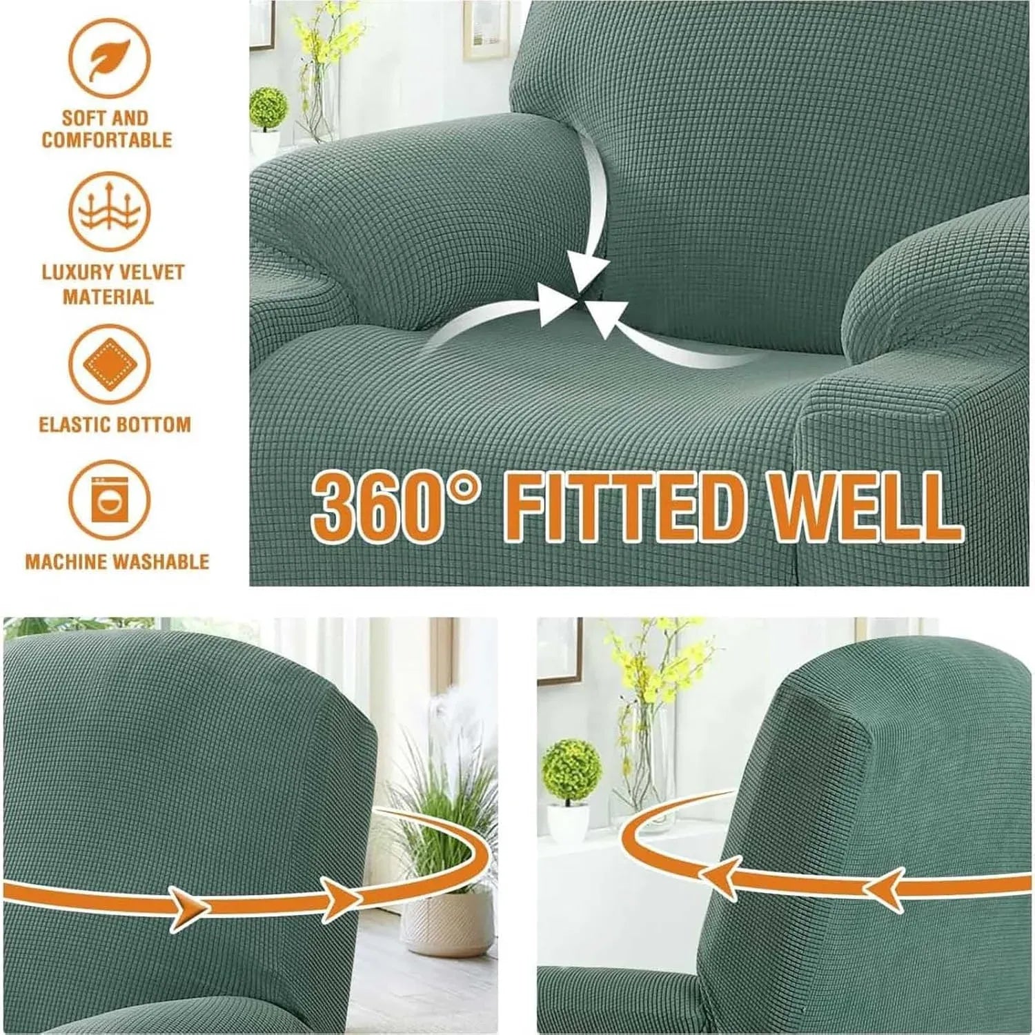 Power Lift Recliner Slipcover High Stretch Soft Jacquard Fabric with Side Pocket for Standard Recliner Chair Green, Letter C Option