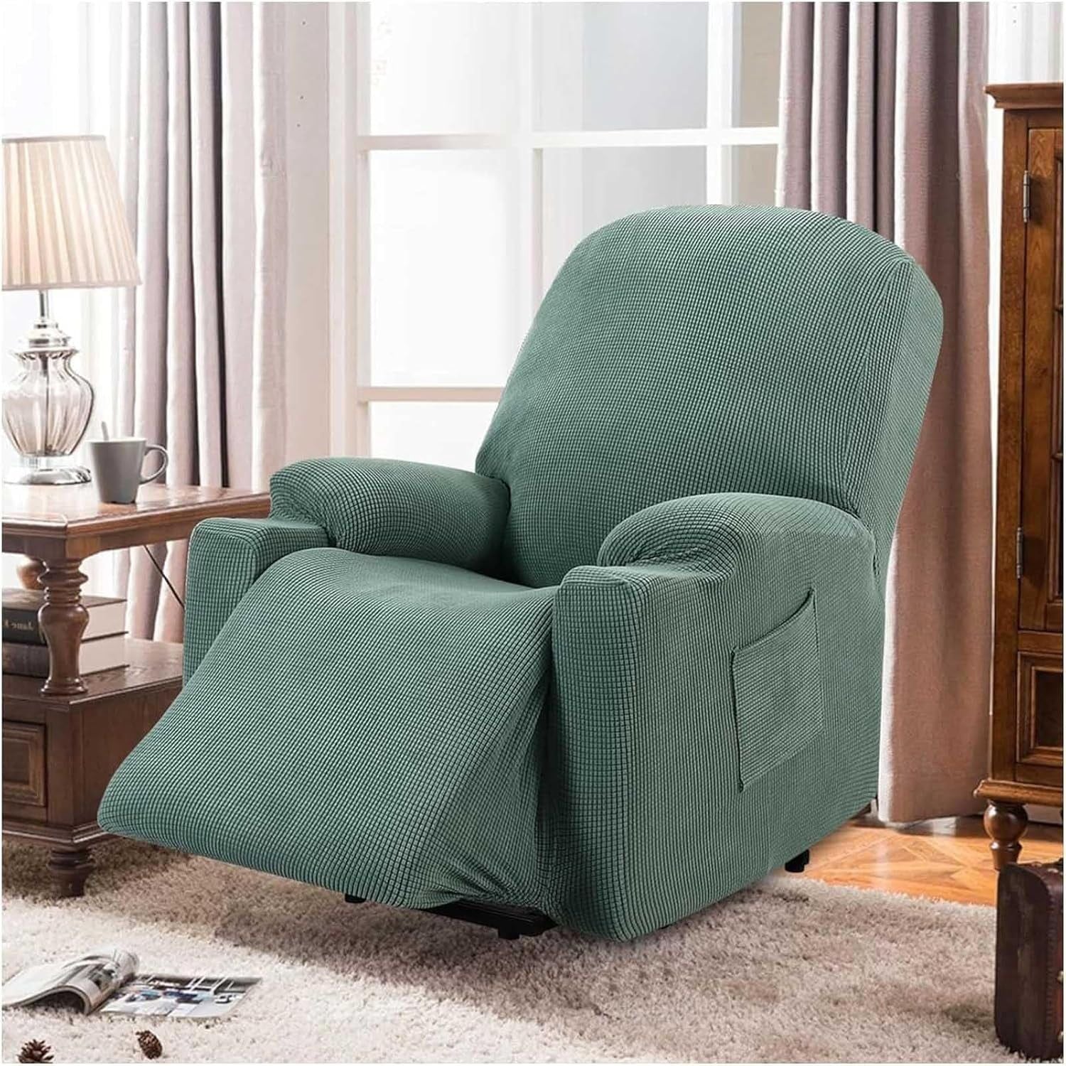 Power Lift Recliner Slipcover High Stretch Soft Jacquard Fabric with Side Pocket for Standard Recliner Chair Green, Letter C Option